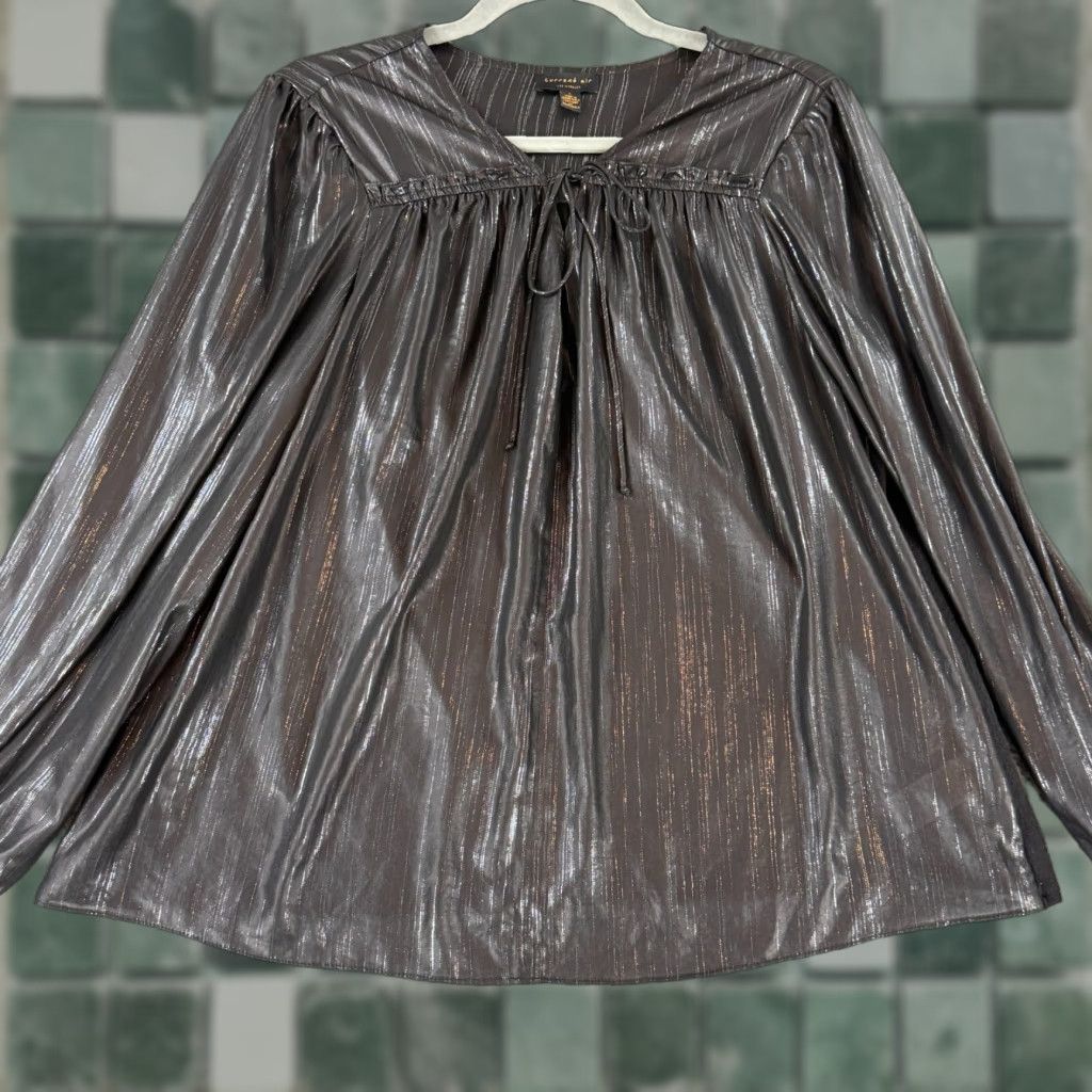 Vintage Current Air Top Womens Large Black Silver Metallic Long Sleeve Tie-Neck Flowy Blouse Size L / US 10 / IT 46 - 1 Thumbnail