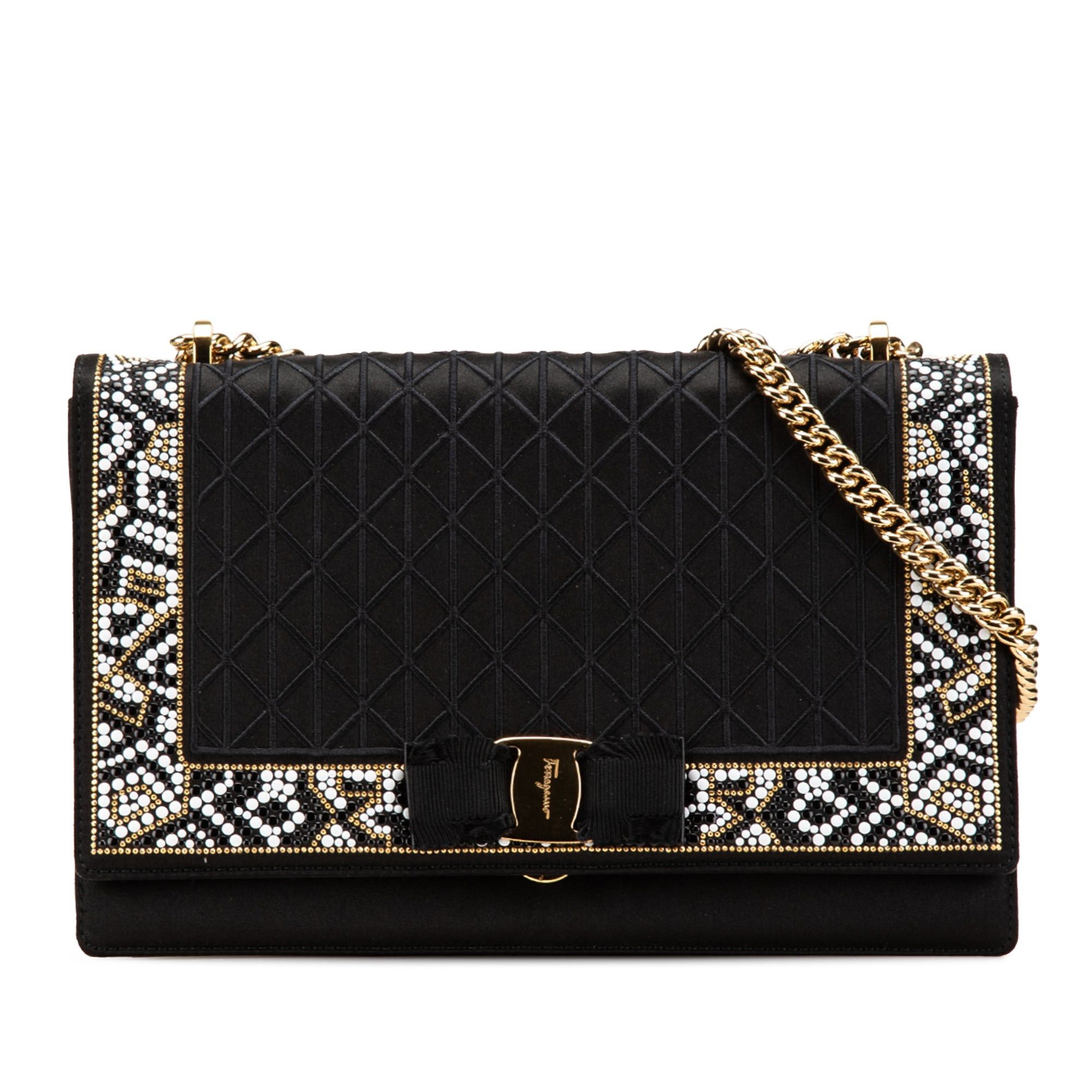 Ferragamo Medium Vara Embellished Satin Ginny Chain Crossbody Black