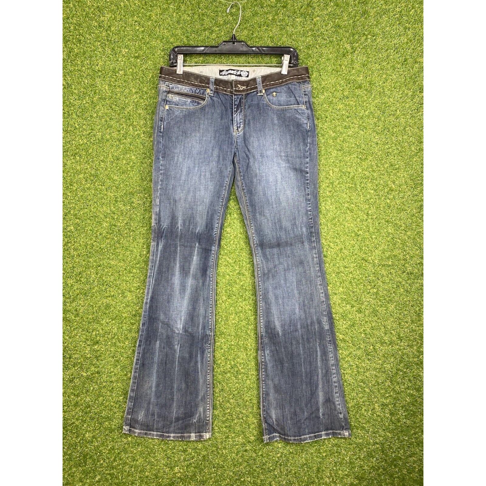 Vintage Allyance Blue Denim Jeans Womens Size 29 Low Rise Flare 30" Inseam Stretch Pockets Size 29" - 2 Thumbnail