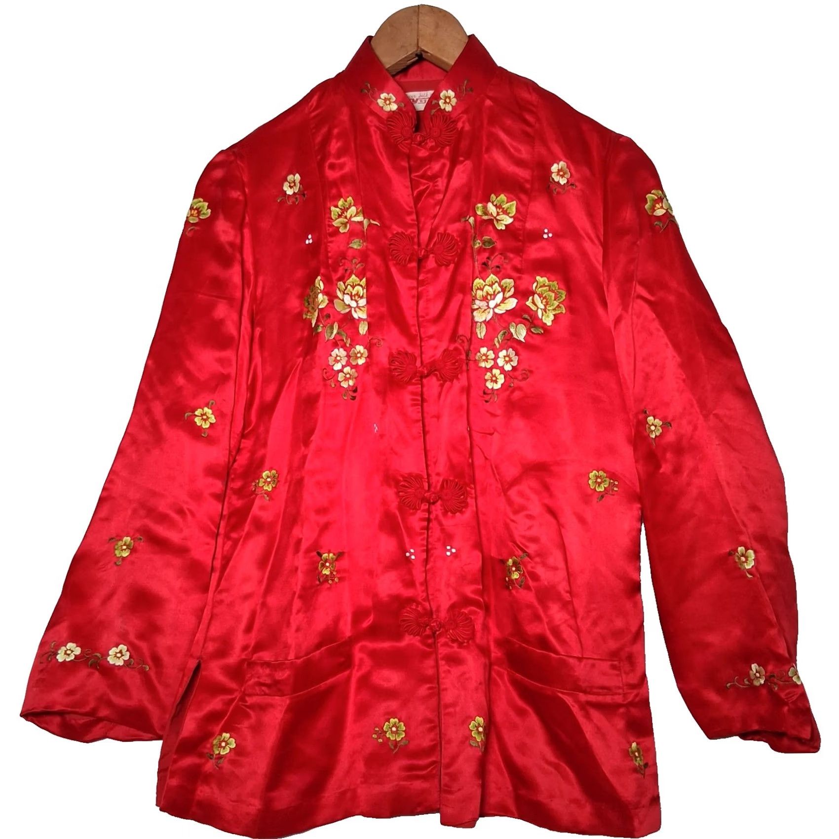 Vintage Asian Silk Jacket Women 34 Red Floral Embroidered Lined Traditional Ethnic READ Size XXS / US 00 / IT 34 - 2 Thumbnail