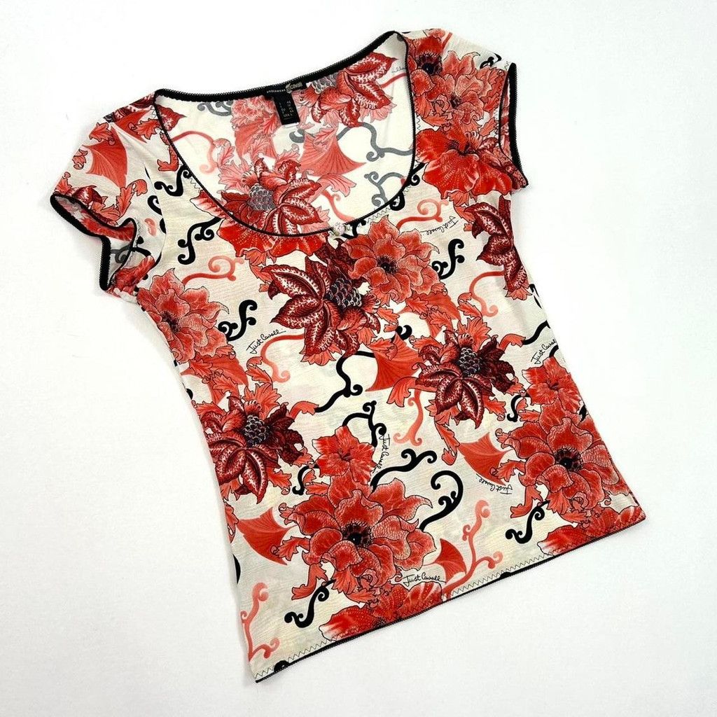 Just Cavalli y2k Cavalli white short sleeve top, red black floral print Size L / US 10 / IT 46 - 1 Thumbnail