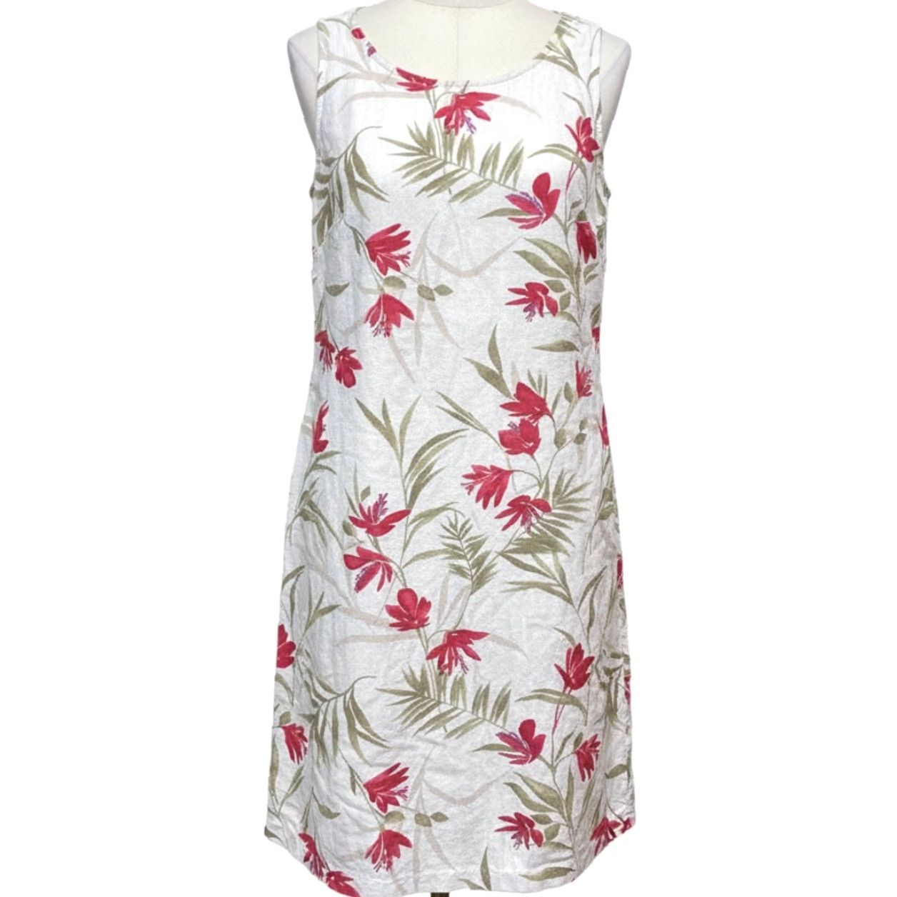 Liz Claiborne VINTAGE Liz Claiborne Dress 10 Beige Pink Tropical Floral Linen Blend Sleeveless Knee Length Tank Dress Women Womens Size L / US 10 / IT 46 - 2 Thumbnail