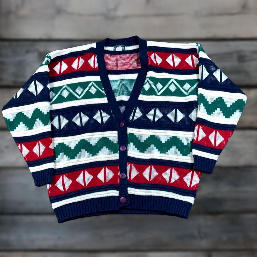 All Blues VINTAGE Cabin Creek Geometric Cardigan Sweater Women's XL Tall Blue Red Chunky Knit Preppy Size XL / US 12-14 / IT 48-50 - 1 Thumbnail