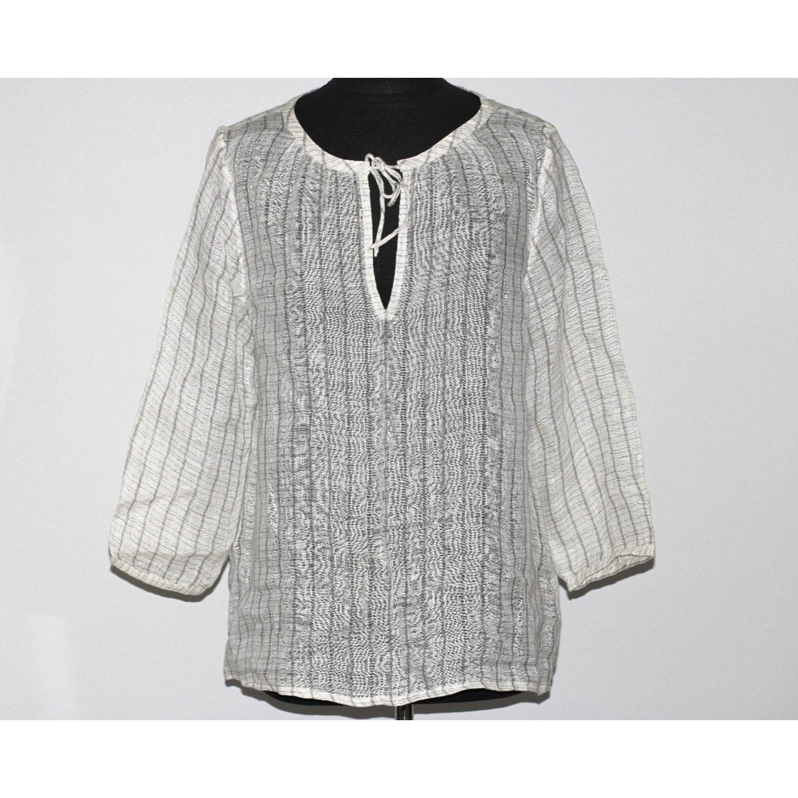 Eileen Fisher New EILEEN FISHER Pewter Linen Gauze Top Tie Neck Blouse M Size M / US 6-8 / IT 42-44 - 2 Thumbnail