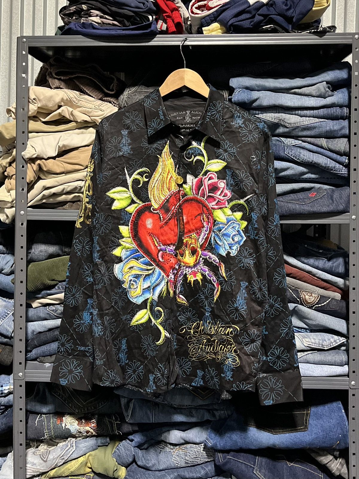 image of Christian Audigier x Ed Hardy Crazy Y2K Ed Hardy Button Down Grunge Skater Cyber Goth (Size Large)