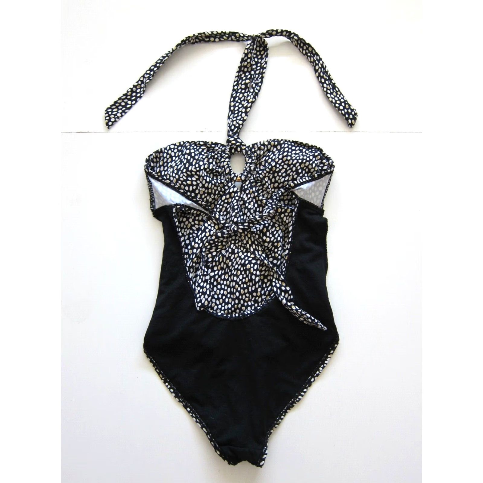 Vintage Atmosphere One Piece Halter Swimsuit Women 2 Black Polka Dot Built-In Bra Size ONE SIZE - 6 Thumbnail
