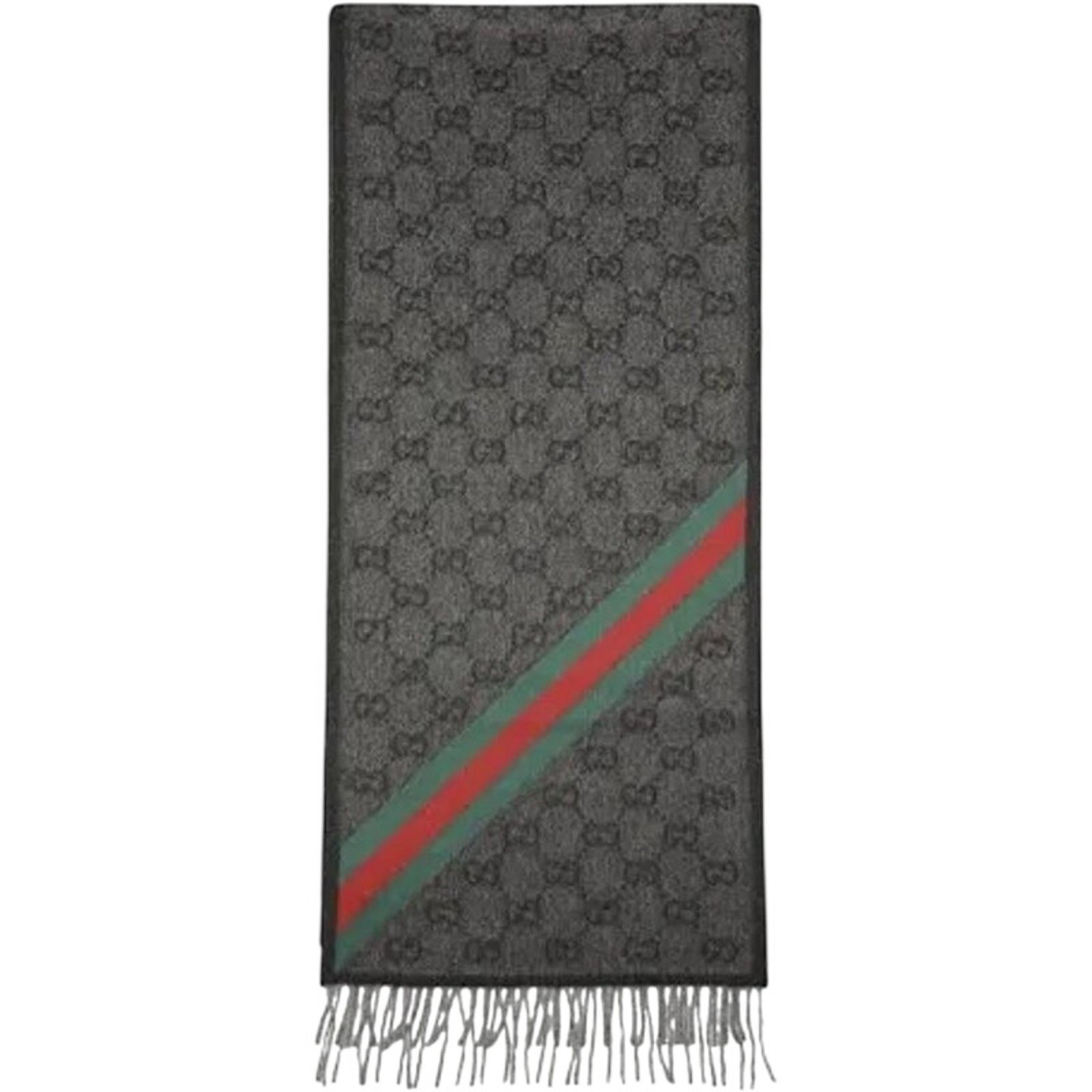 Gucci Gucci Nikky Wool GG Monogram Web Stripe Scarf in Grey Size ONE SIZE - 1 Thumbnail