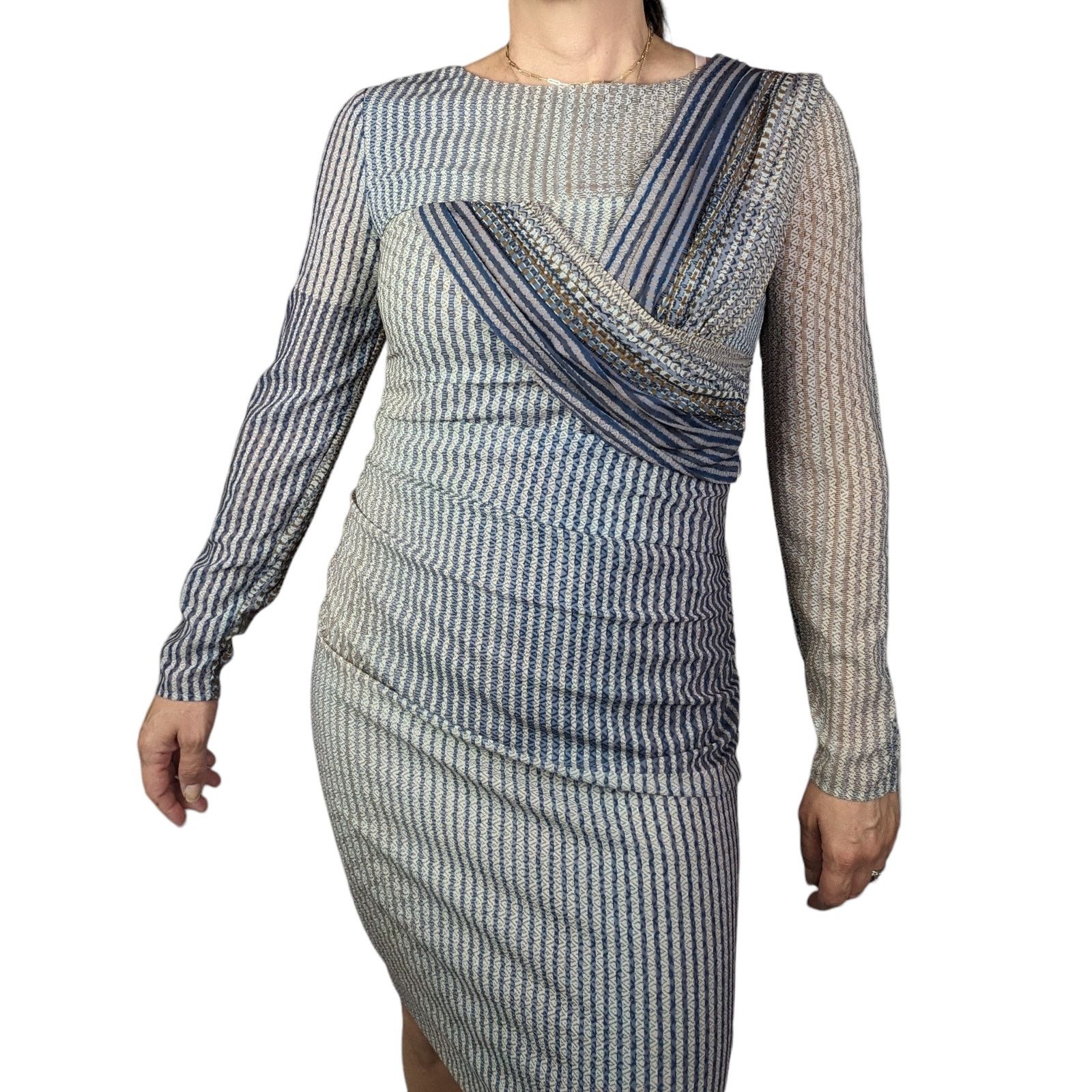 image of Reiss Beulah Striped Long Sleeve Sheath Dress Gray And Blue, Women's (Size Medium)
