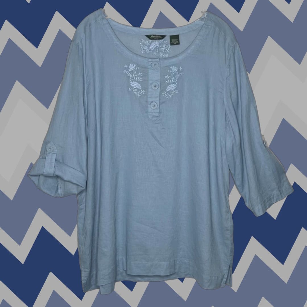 Eddie Bauer Eddie Bauer Women's Blouse Tunic 3/4 Sleeve Floral Embroidered Blue 100% Cotton XXL/2XL Casual Travel Workwear Size XXL / US 16-18 / IT 52-54 - 1 Thumbnail