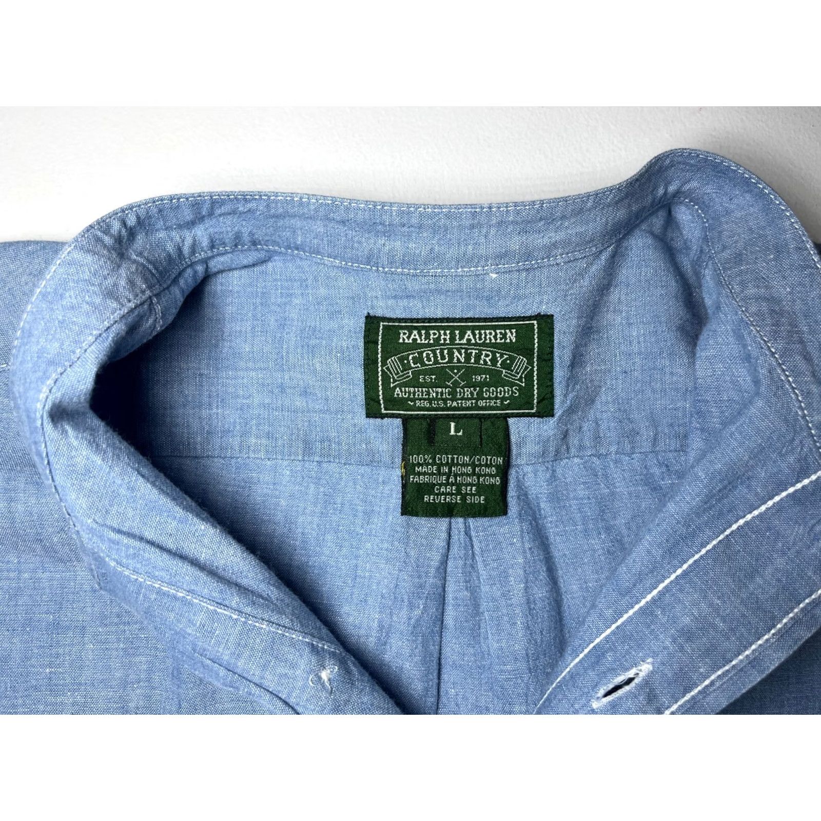 Ralph Lauren VINTAGE Ralph Lauren Country Shirt Mens 90s Long Sleeve Blue Cotton Chambray Large Size US L / EU 52-54 / 3 - 6 Thumbnail