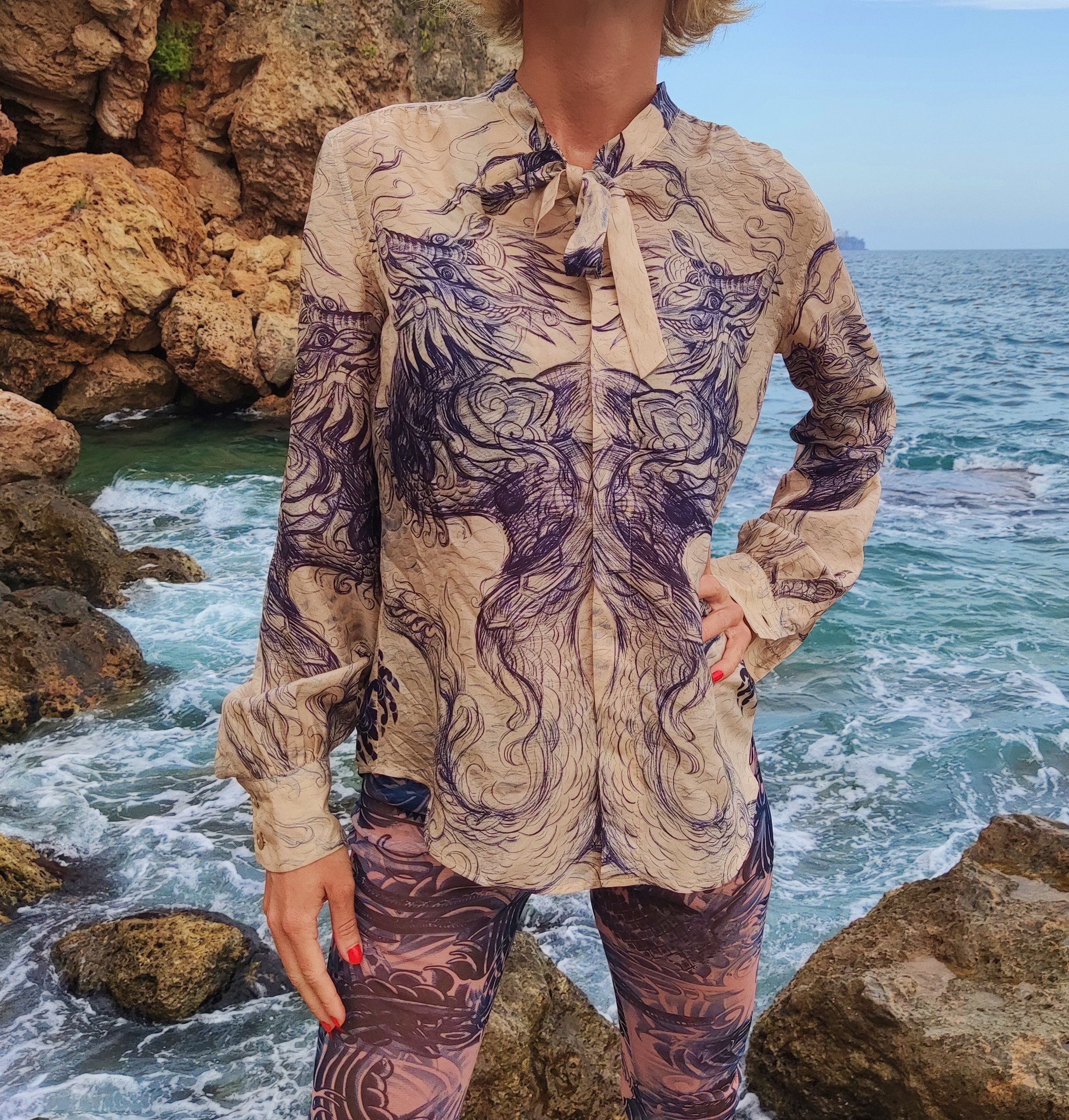 Jean Paul Gaultier Jean Paul Gaultier Silk Dragon Kardashian Tattoo Top Blouse Size L / US 10 / IT 46 - 3 Thumbnail