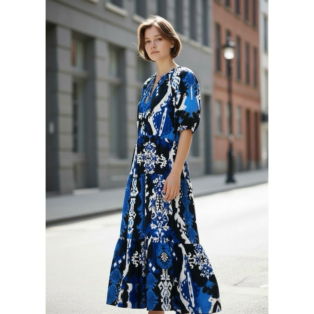 Chicos Chico's Ikat Puff Sleeve Cotton Tiered Midi Dress Size 00 U Size XS / US 0-2 / IT 36-38 - 1 Thumbnail