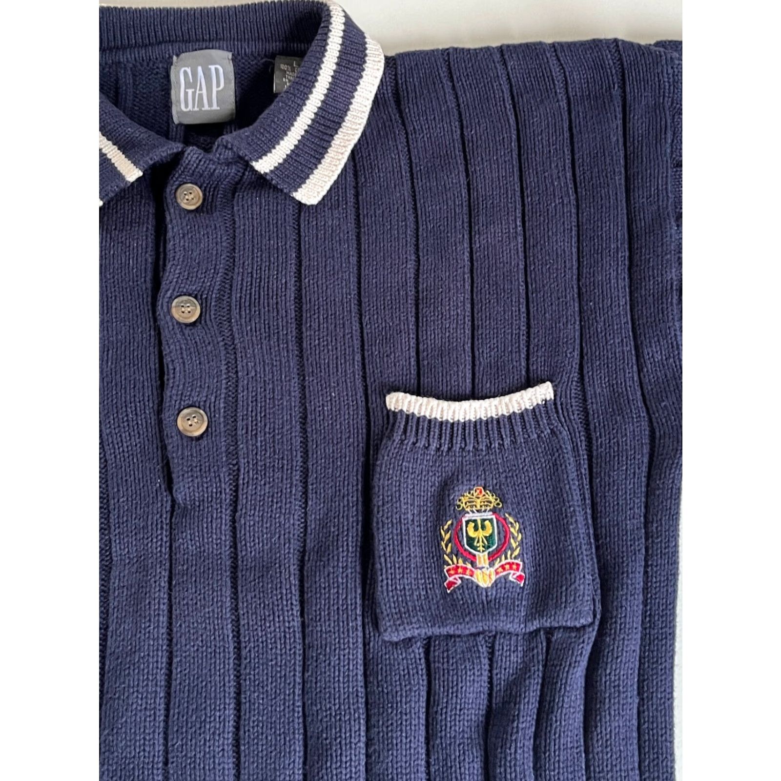 Gap VINTAGE Gap Men's Knit Collared Sweater 90s Embroidered Crest Navy Sz L Size US L / EU 52-54 / 3 - 5 Thumbnail
