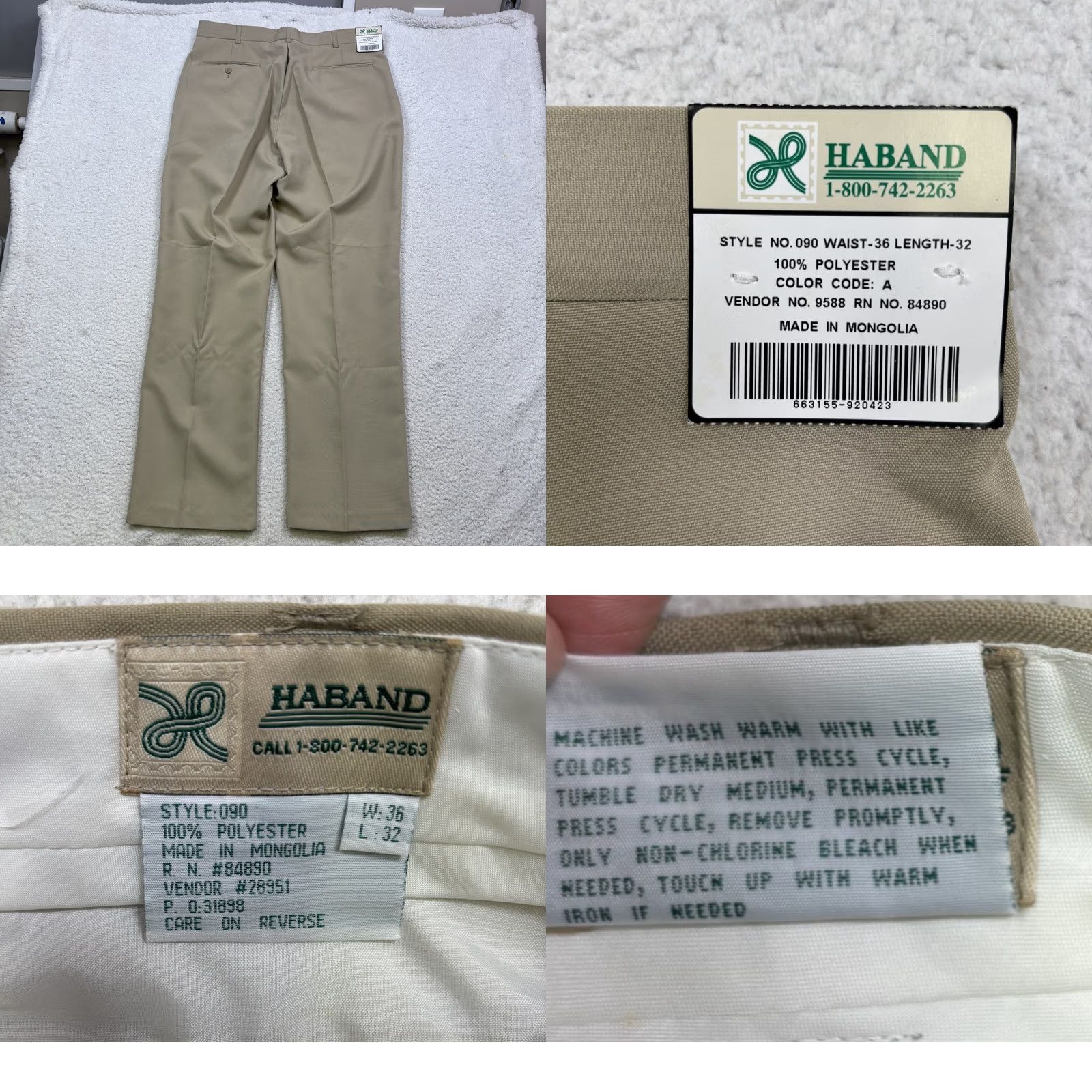 VINTAGE Haband Khaki Tan Pants Mens 36x32 Flat Front Straight