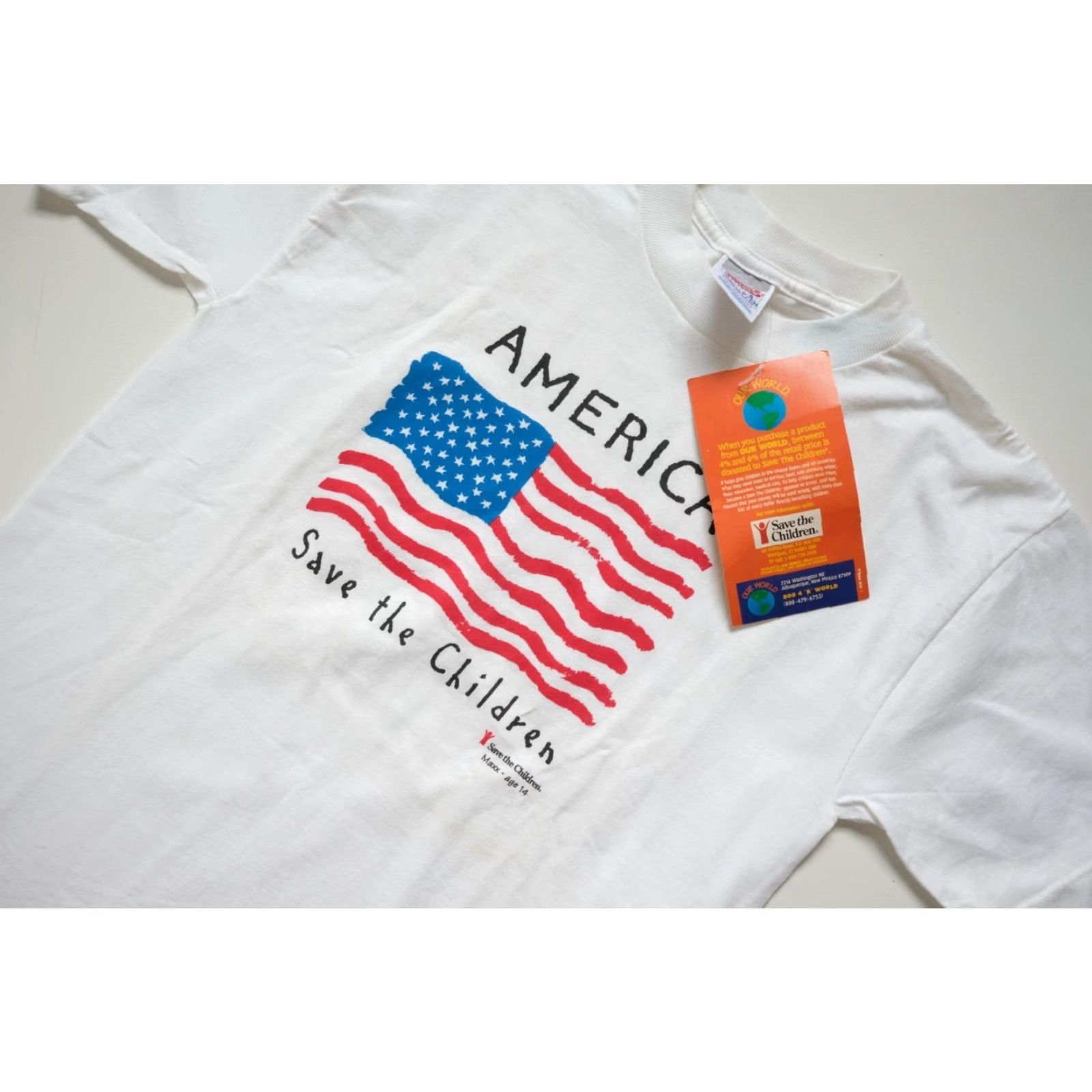 Jerzees VINTAGE JERZEES T-SHIRT White Cotton GRAPHIC USA SAVE THE CHILDREN Shirt S Mens Short Sleeve Crew Neck 18" Pit to Pit 28" Length NWT New Size US S / EU 44-46 / 1 - 5 Thumbnail