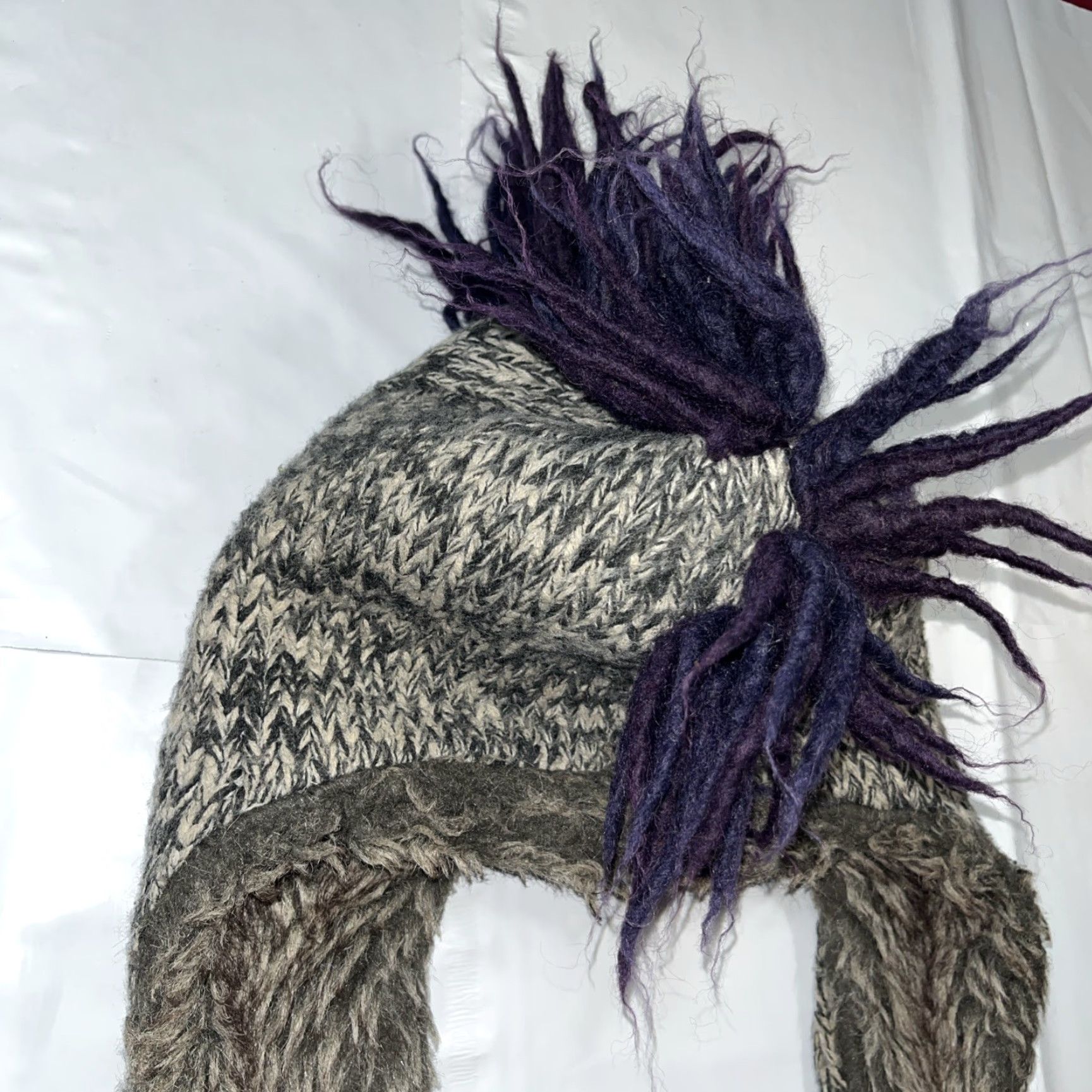 Vintage Dakota Dan HAT Gray Blue Knit Ear Flap Mohawk Braided Hang Ties 3D Tribal Winter Knit Cap Unisex Adults Men Women 90s Wild Ski Snow Geometric Pattern Size ONE SIZE - 3 Thumbnail
