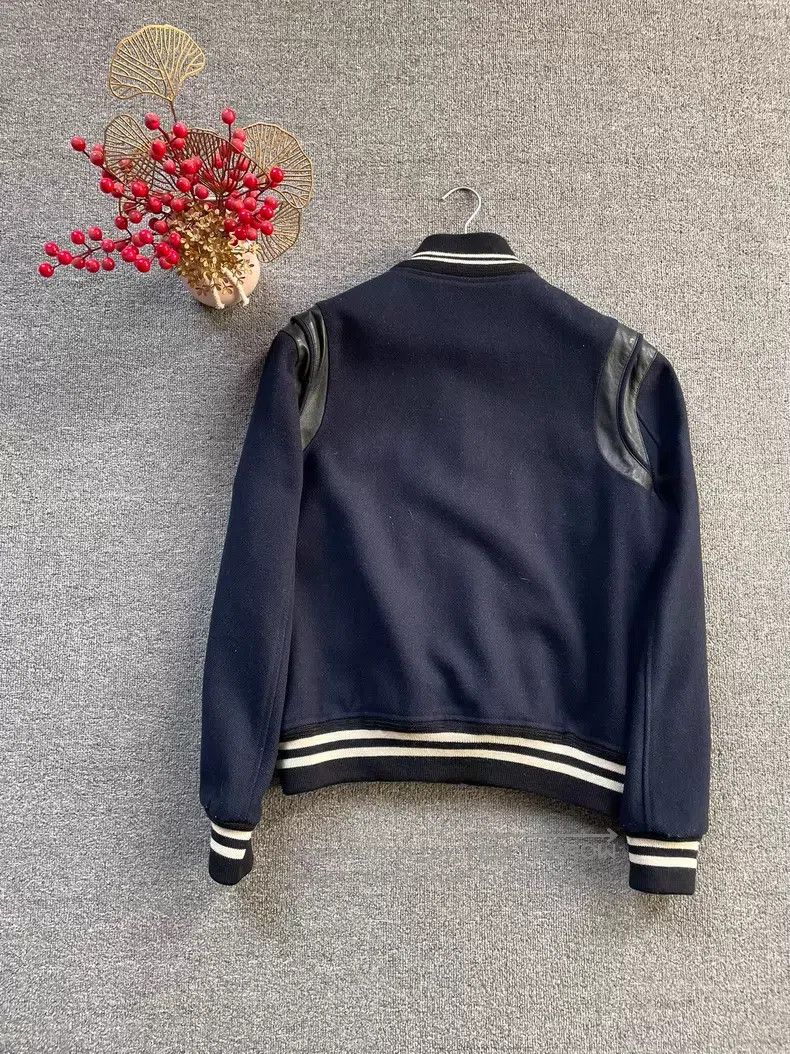 Saint Laurent Paris Saint Laurent Paris Navy Blue Wool and Leather Baseball Ja Size US M / EU 48-50 / 2 - 2 Thumbnail