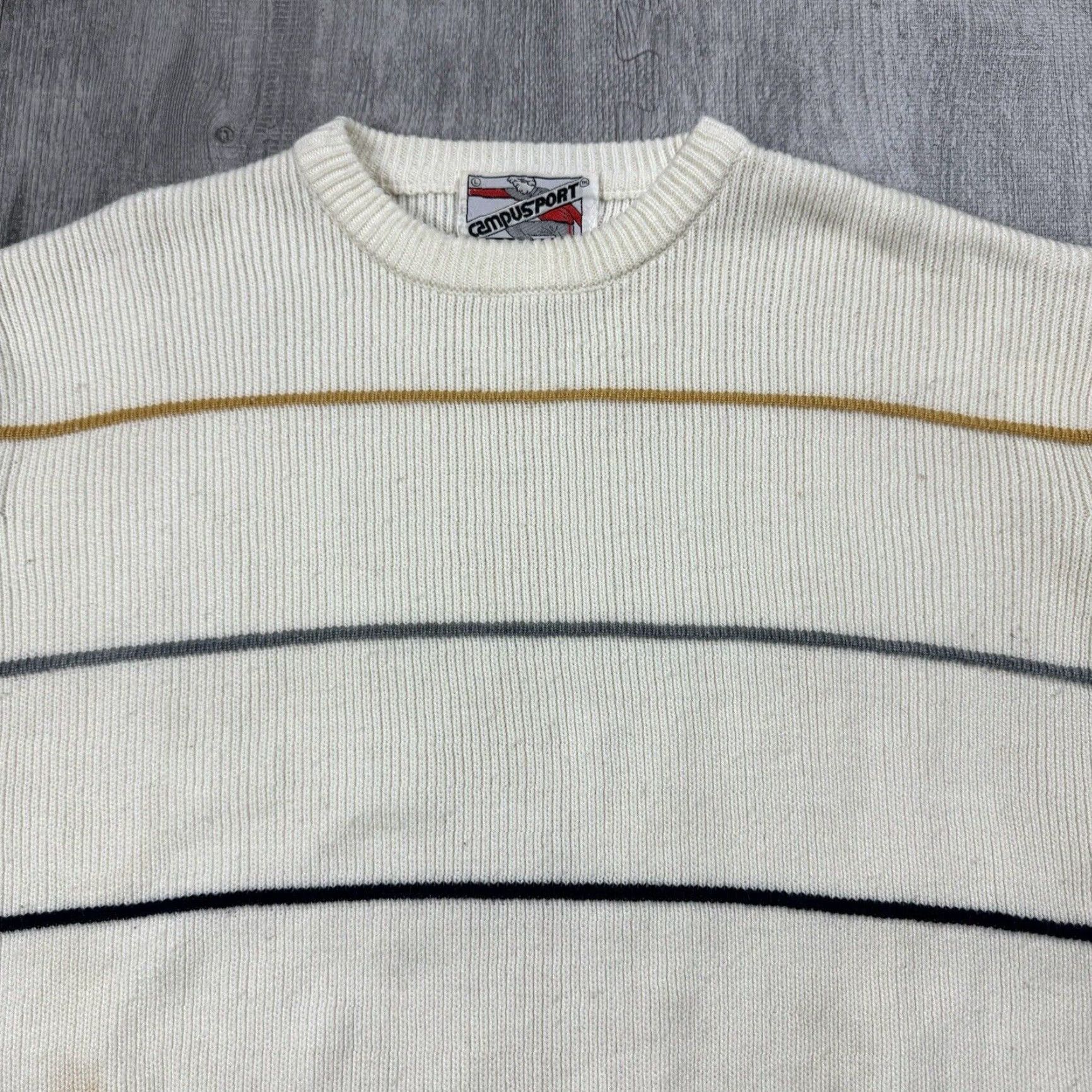 Vintage VTG Campus Sport Striped Ivory Crewneck Sweater - Men's Large Pullover Knit Wool Blend Size L / US 10 / IT 46 - 2 Thumbnail