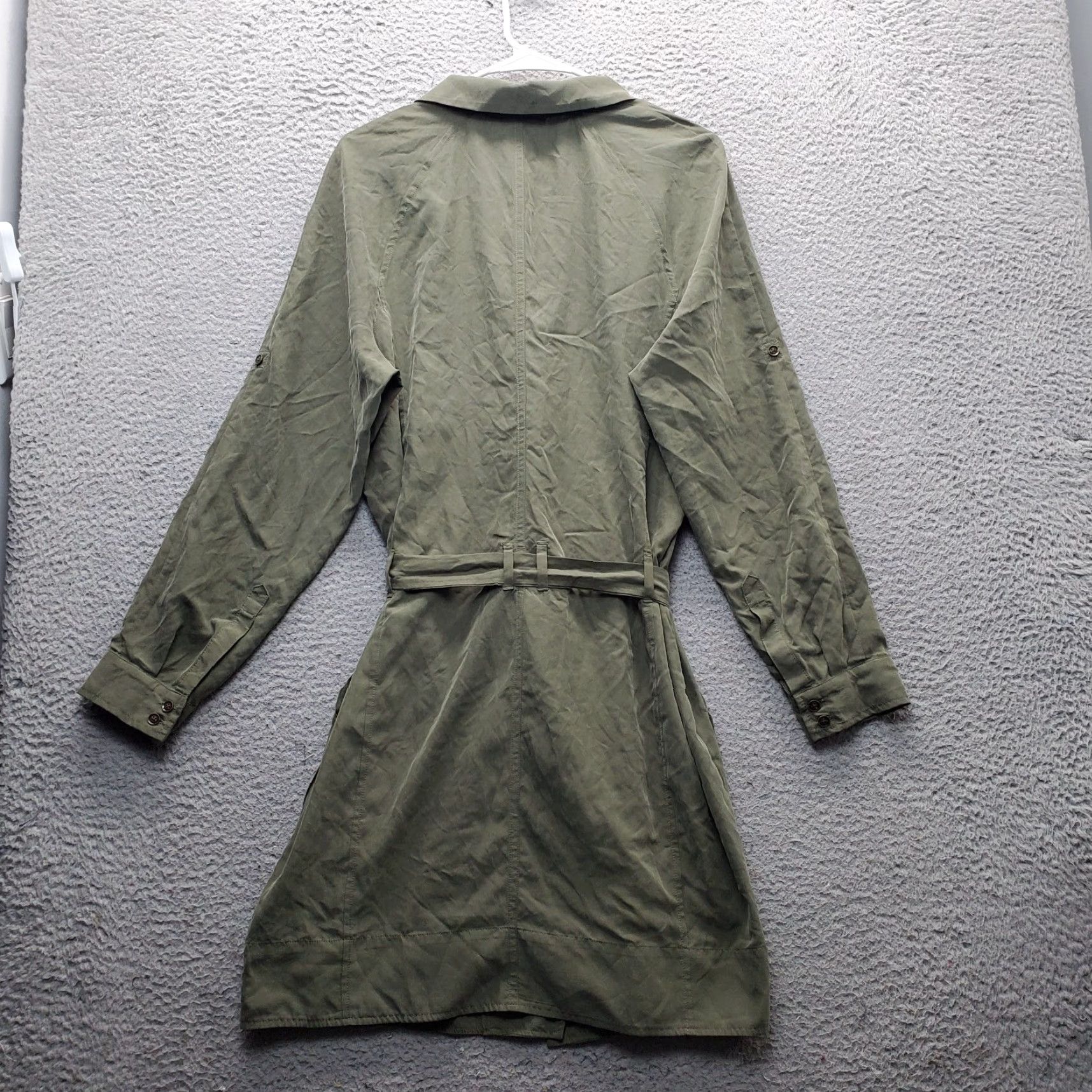 Banana Republic Womens 12 Trench Dress Green Roll Tab Sleeve Belt Waist  Notch Midi Shirt Dress