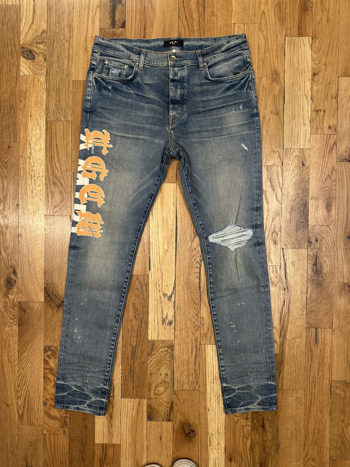 Amiri Orange TGCW Spell Blue Denim Jeans Size 32