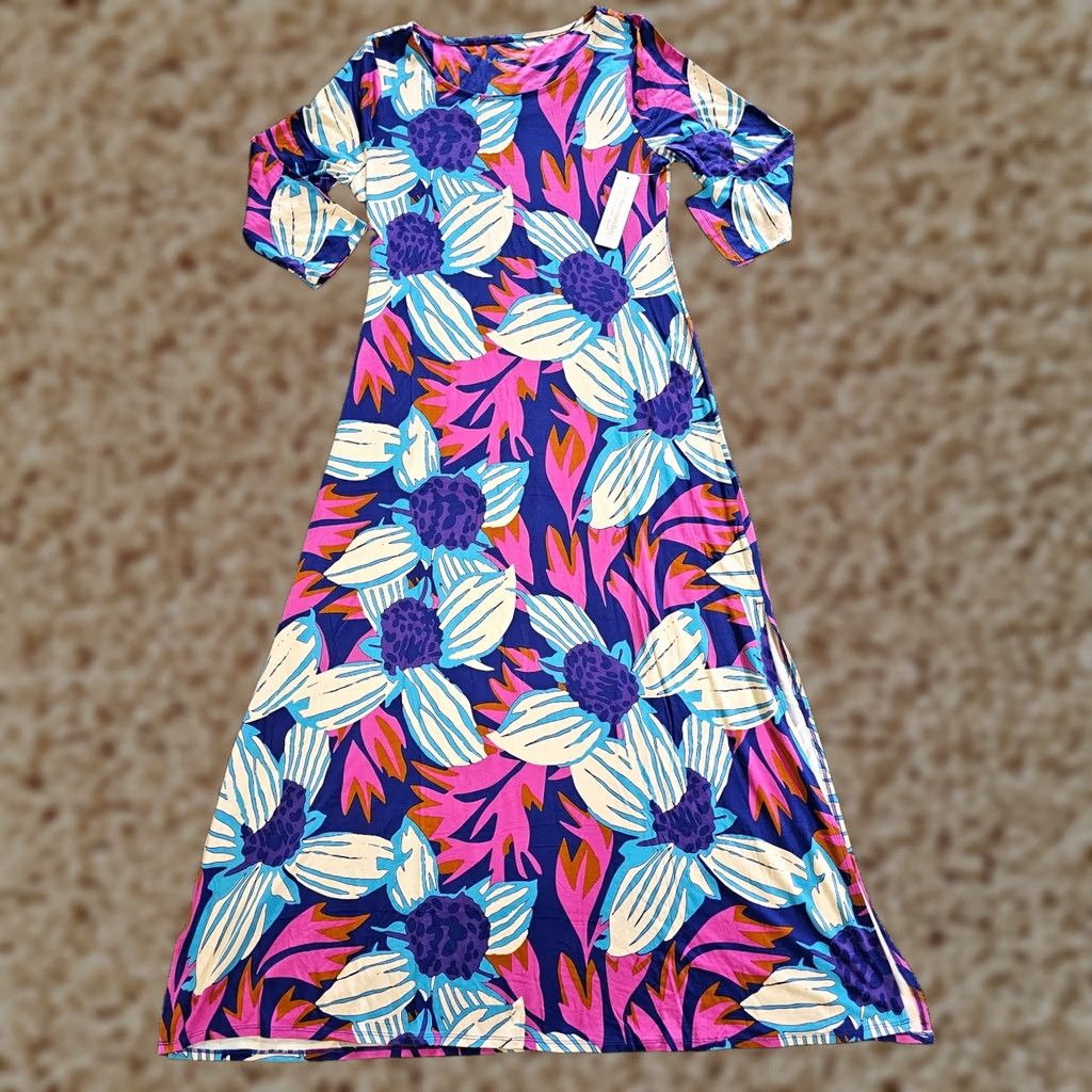 Soft Surroundings Soft Surroundings Dress Women M Purple Pink Floral Maxi Knit 3/4 Sleeve Round Neck Stretch Vintage No Size M / US 6-8 / IT 42-44 - 1 Thumbnail