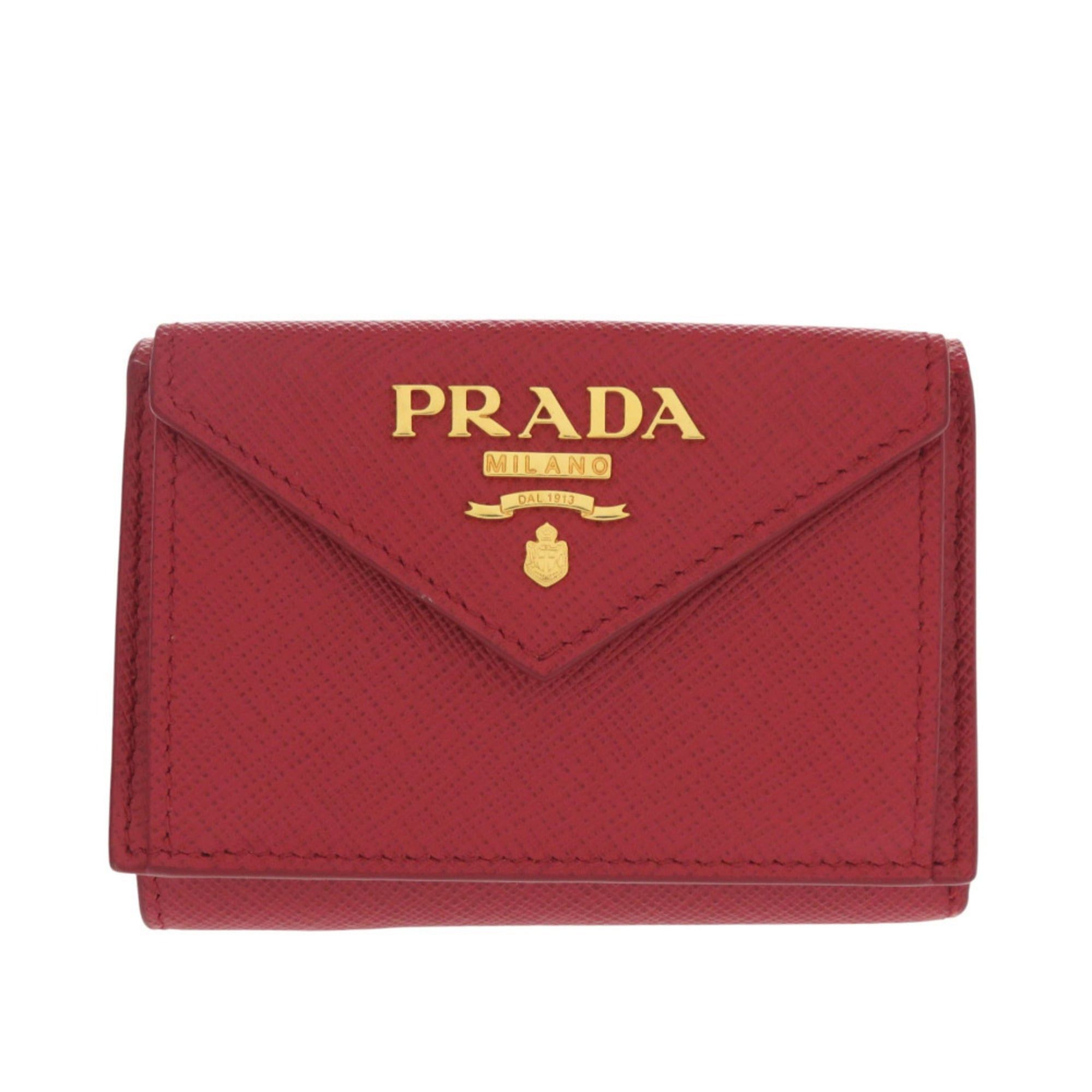 Unused Prada 1MH021 Leather Saffiano Metal Red Tri-fold Wallet Red 1295
