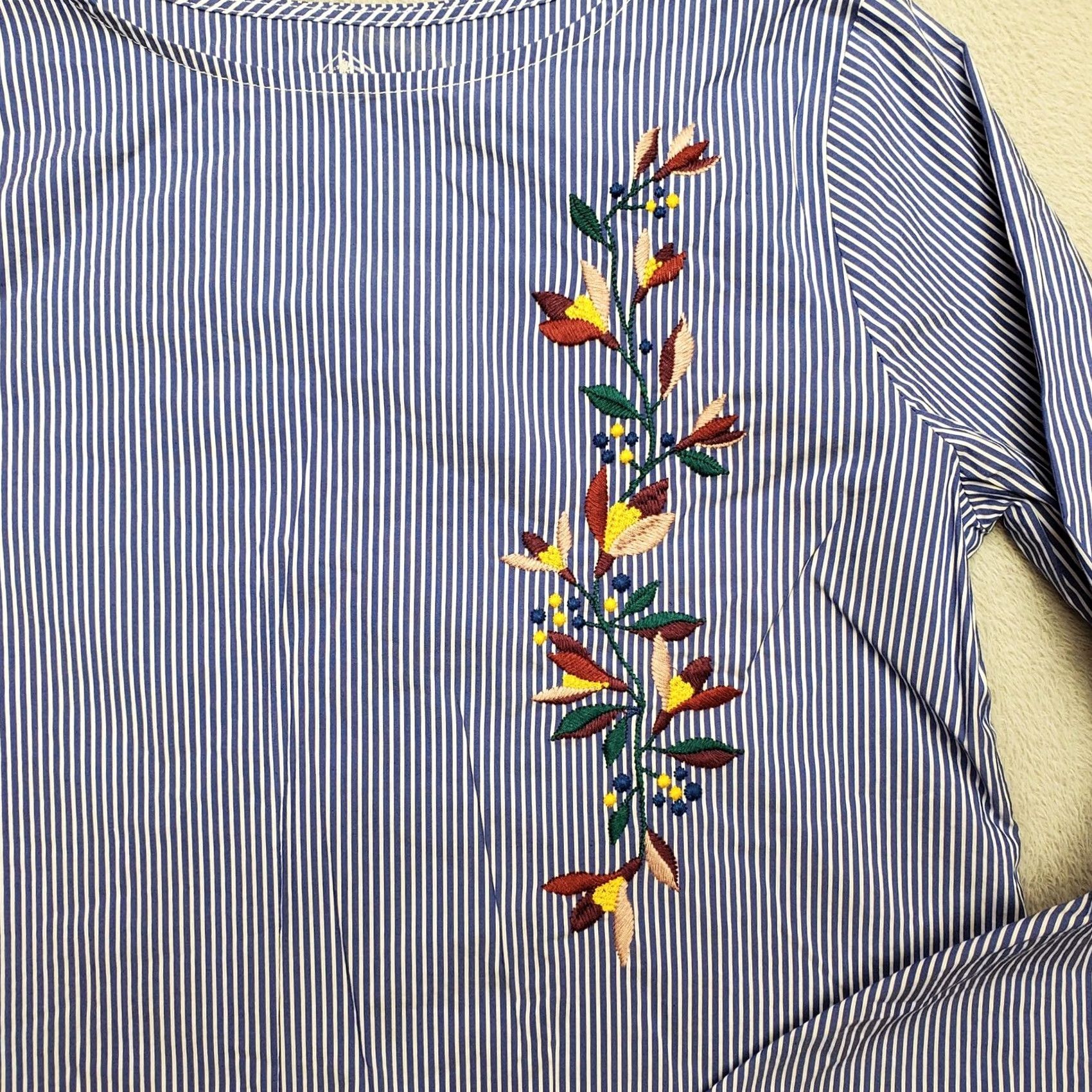 Vintage St Johns Bay Shirt Womens M Petite Blue Striped Floral Embroidered Bell Sleeve Shirt Womens PM Blue Striped Floral Embroidered Bell Sleeve Size M / US 6-8 / IT 42-44 - 3 Thumbnail