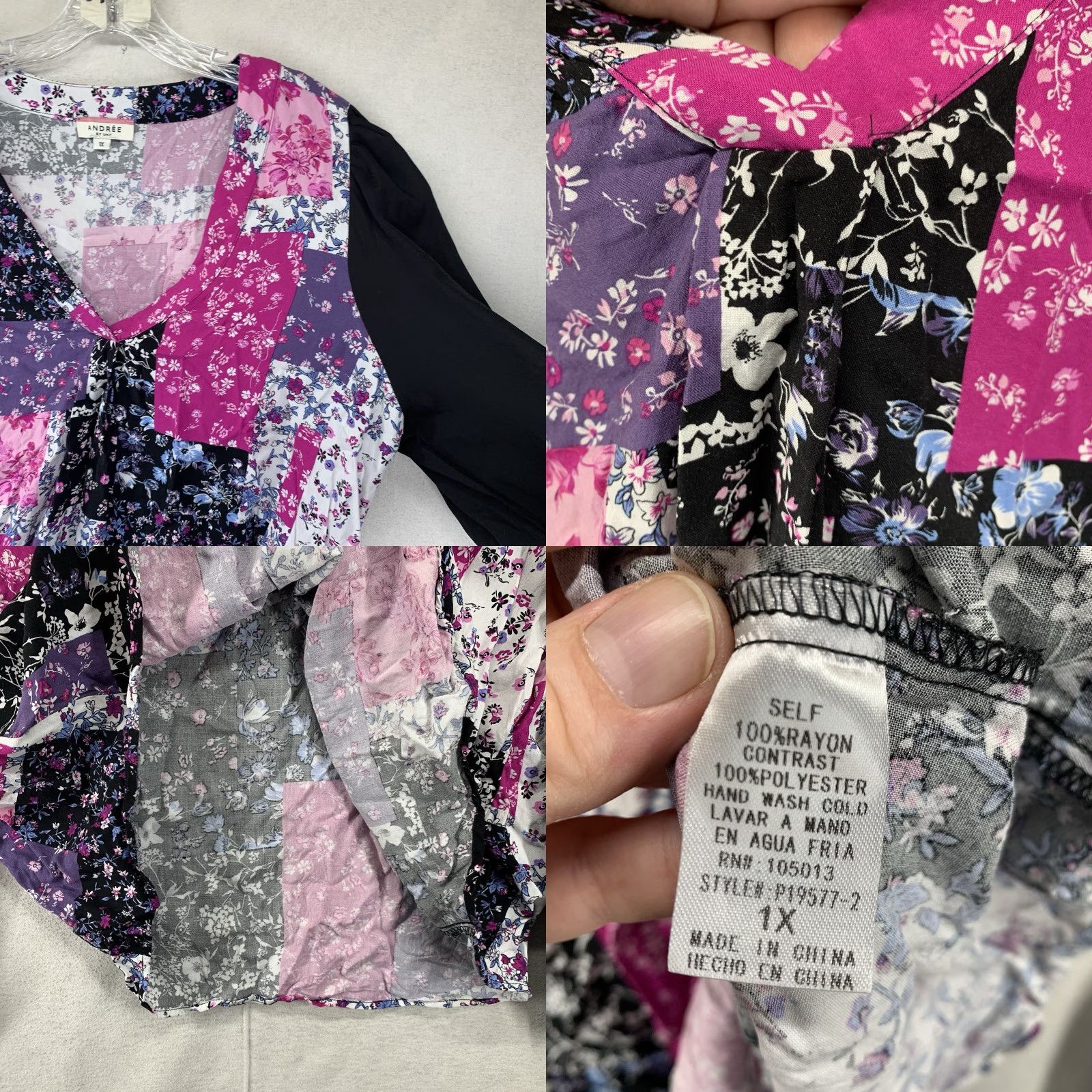 Pinko Andree By Unit Women’s Blouse Shirt Tunic 1X Plus Size Multicolor Floral Patchwork Boho Hippie V-Neck Pullover Relaxed Fit Casual Shirt Womens Size XL / US 12-14 / IT 48-50 - 8 Thumbnail