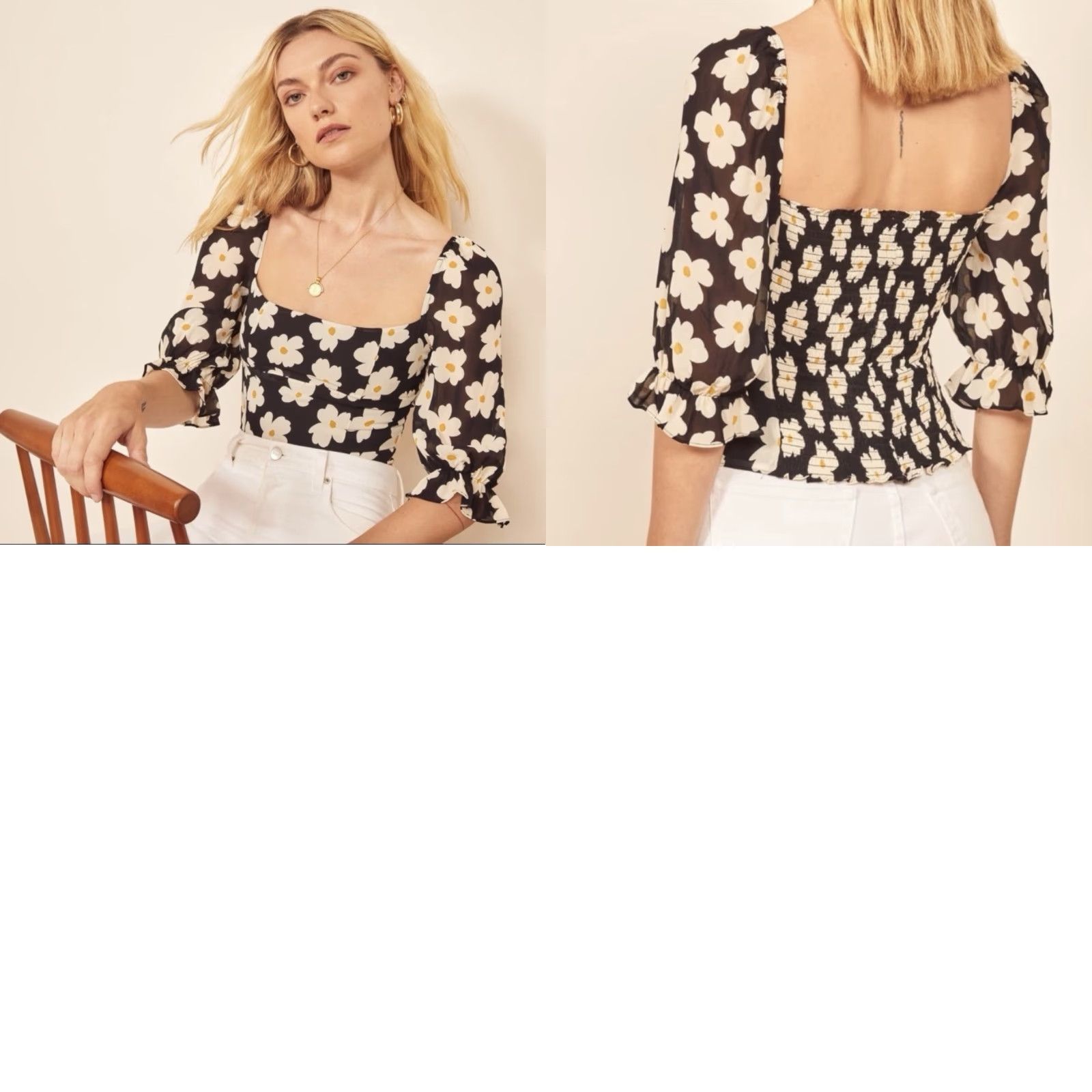 Reformation Reformation Georgia Daisy Bella Square Neck Top Size 0 Blouse Puff Sleeve Cropped Black Women's Zip Neckline Square Daisy Pattern 90sTheme? Size XS / US 0-2 / IT 36-38 - 8 Thumbnail