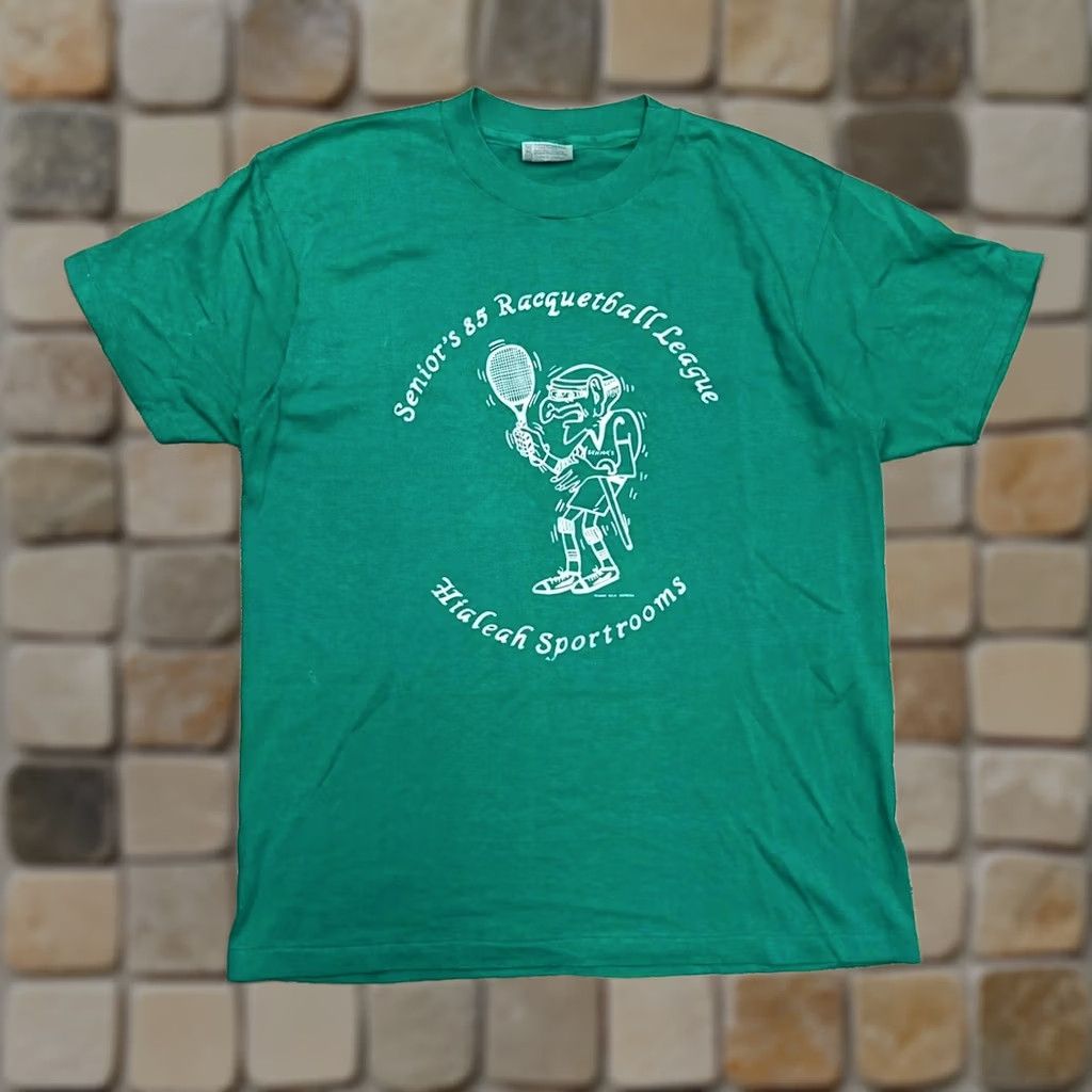 Hanes VINTAGE Hanes Racquetball League Miami Hileah single stitch green t-shirt old man 80s L Mens Size US L / EU 52-54 / 3 - 1 Thumbnail
