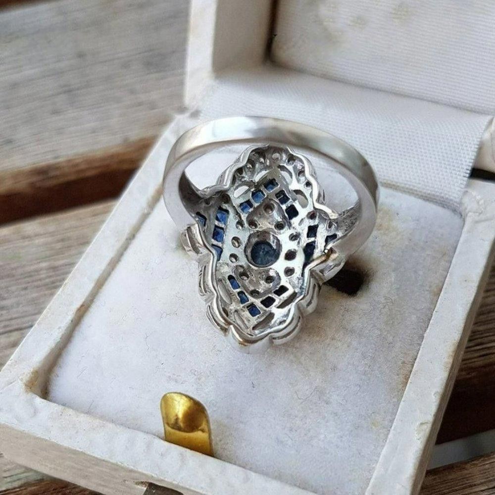 Designer Vintage Blue Sapphire European Silver Art Deco Ring - Size 7 Size ONE SIZE - 4 Thumbnail