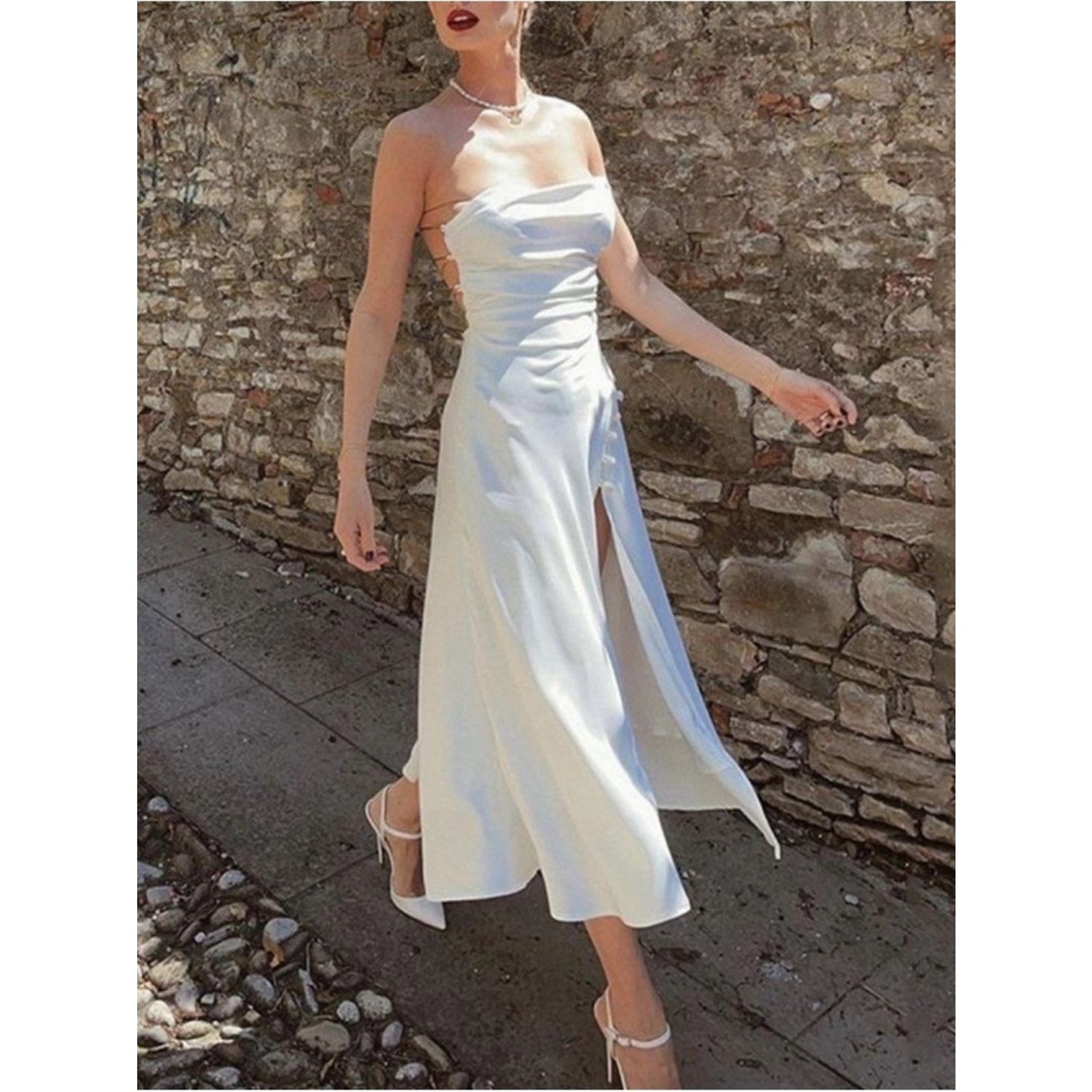 Other Beach Vacation Sleeveless White Satin Slit Midi Dress S Size S / US 4 / IT 40 - 5 Thumbnail