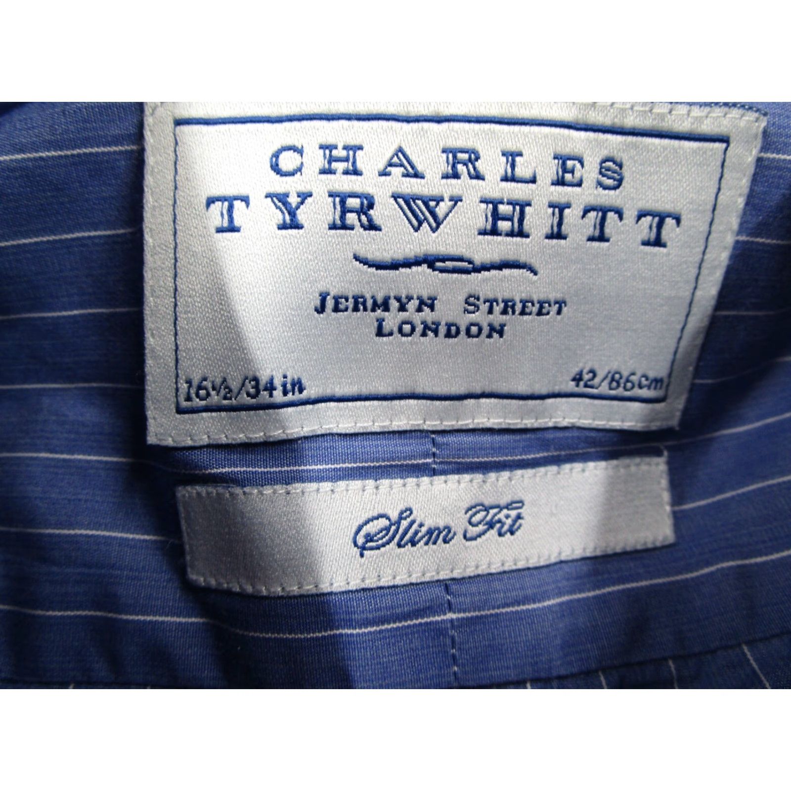 Charles Tyrwhitt VINTAGE Charles Tyrwhitt Dress Shirt Men 34 Slim Blue Stripe Long Sleeve Button Up French Cuffs Business Casual Wedding Collar Shirt Size 34R - 3 Thumbnail