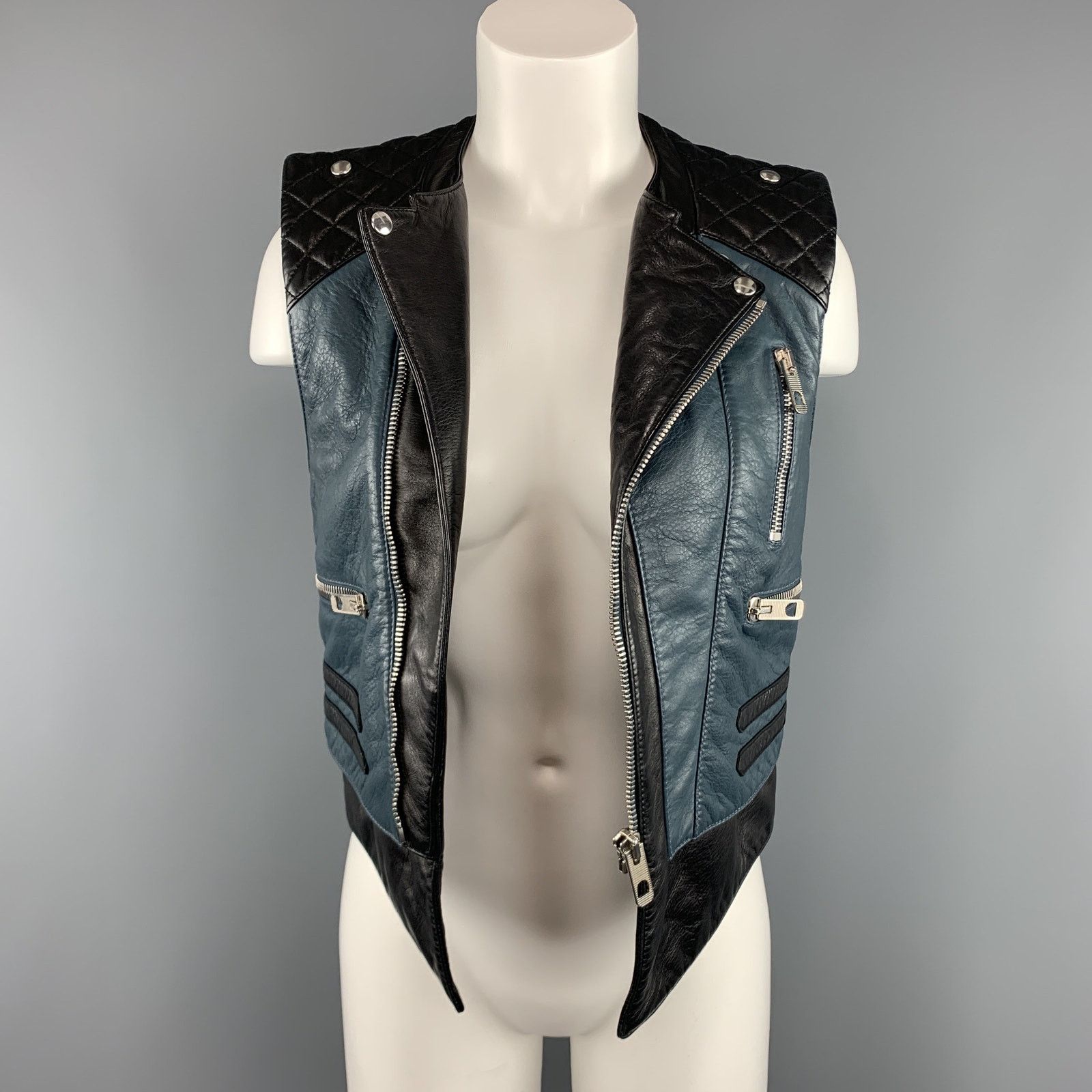 Balenciaga Size 8 Black & Teal Blue Quilted Leather Biker Vest Size US XXS / EU 40 - 6 Thumbnail