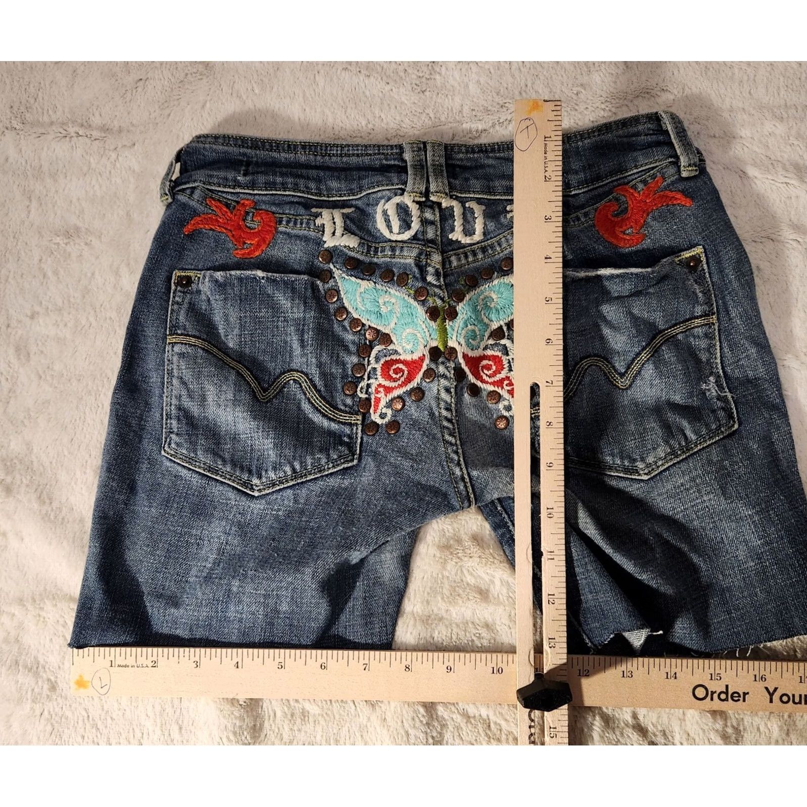 Vintage People 4 Peace Jeans Shorts Womens Small Blue Distressed Studded Embroidered USA Bohemian Festival Y2K Butterfly Size 28" / US 6 / IT 42 - 6 Thumbnail