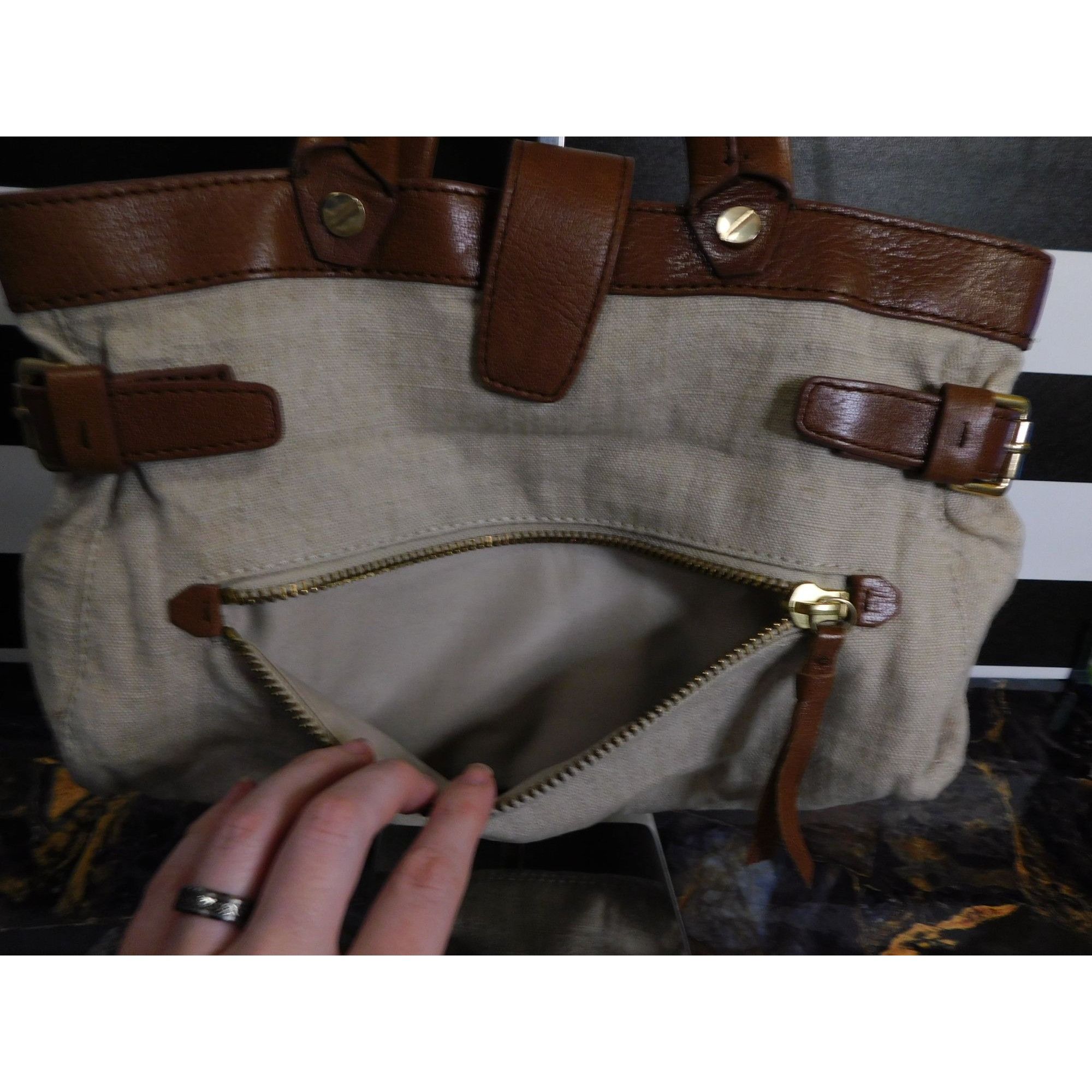Other Foley + Corinna Brown Leather & Beige Canvas Shoulder Bag Wi Size ONE SIZE - 5 Thumbnail