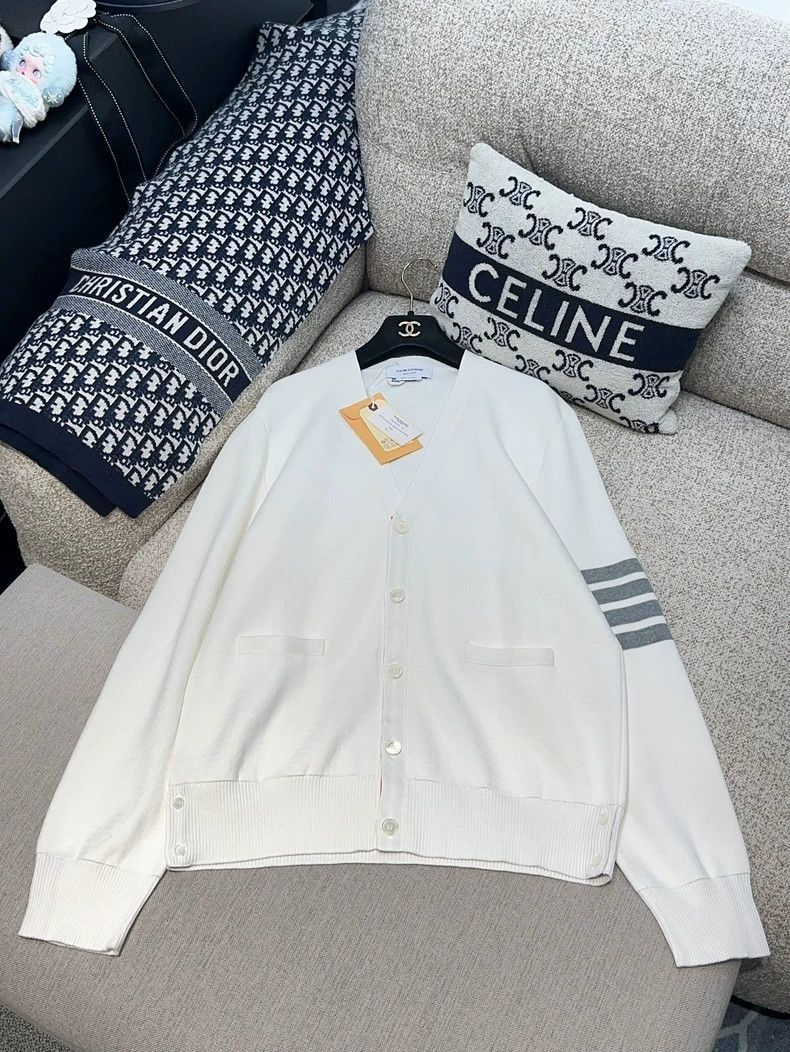 Thom Browne White 4-Bar Cardigan Coat - dmc
