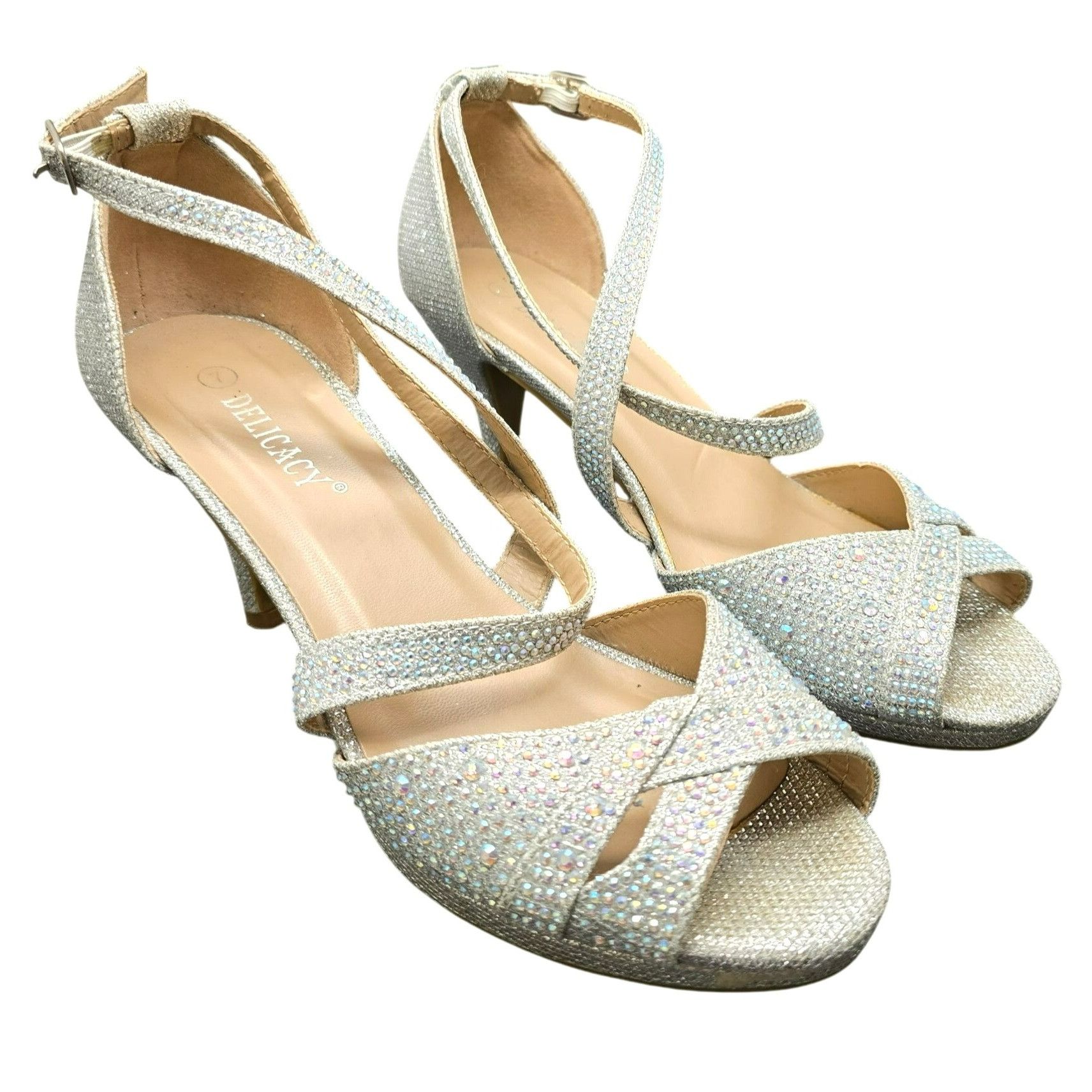 Other Womens Heels Silver Glitter Rhinestone Strappy Open Toe Deli Size US 7 / IT 37 - 2 Thumbnail