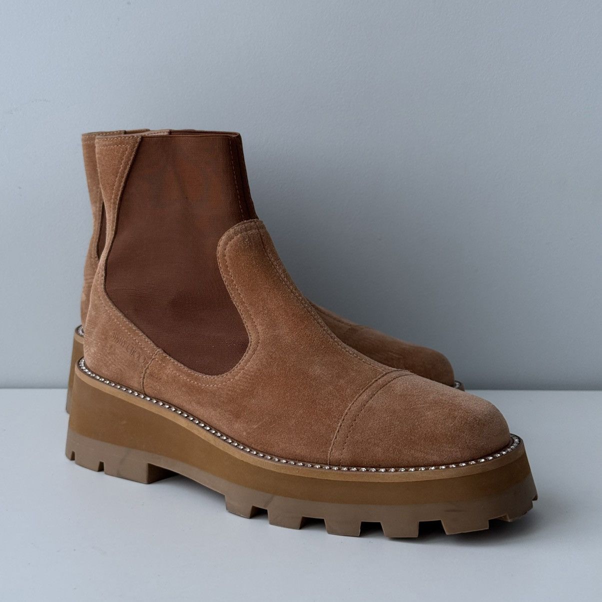Jimmy Choo Jimmy Choo Suede Boots Caramel Crystal Platform Chelsea Size US 11 / IT 41 - 7 Thumbnail
