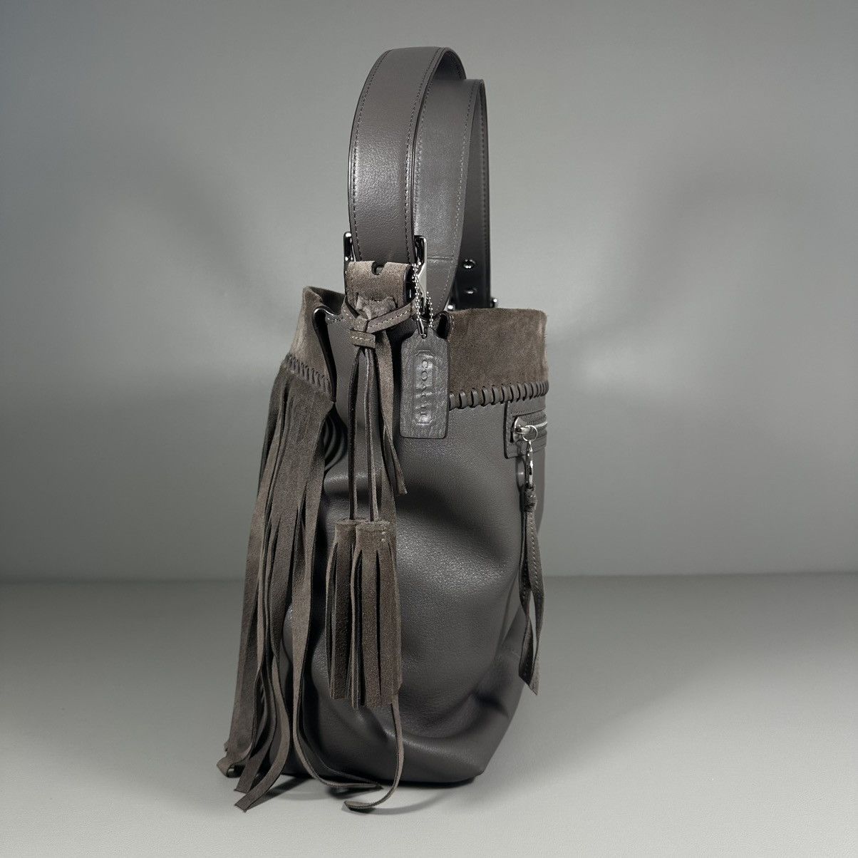 Coach COACH Fringe Trimmed Brownish Grey Leather Bucket Bag Size ONE SIZE - 3 Thumbnail