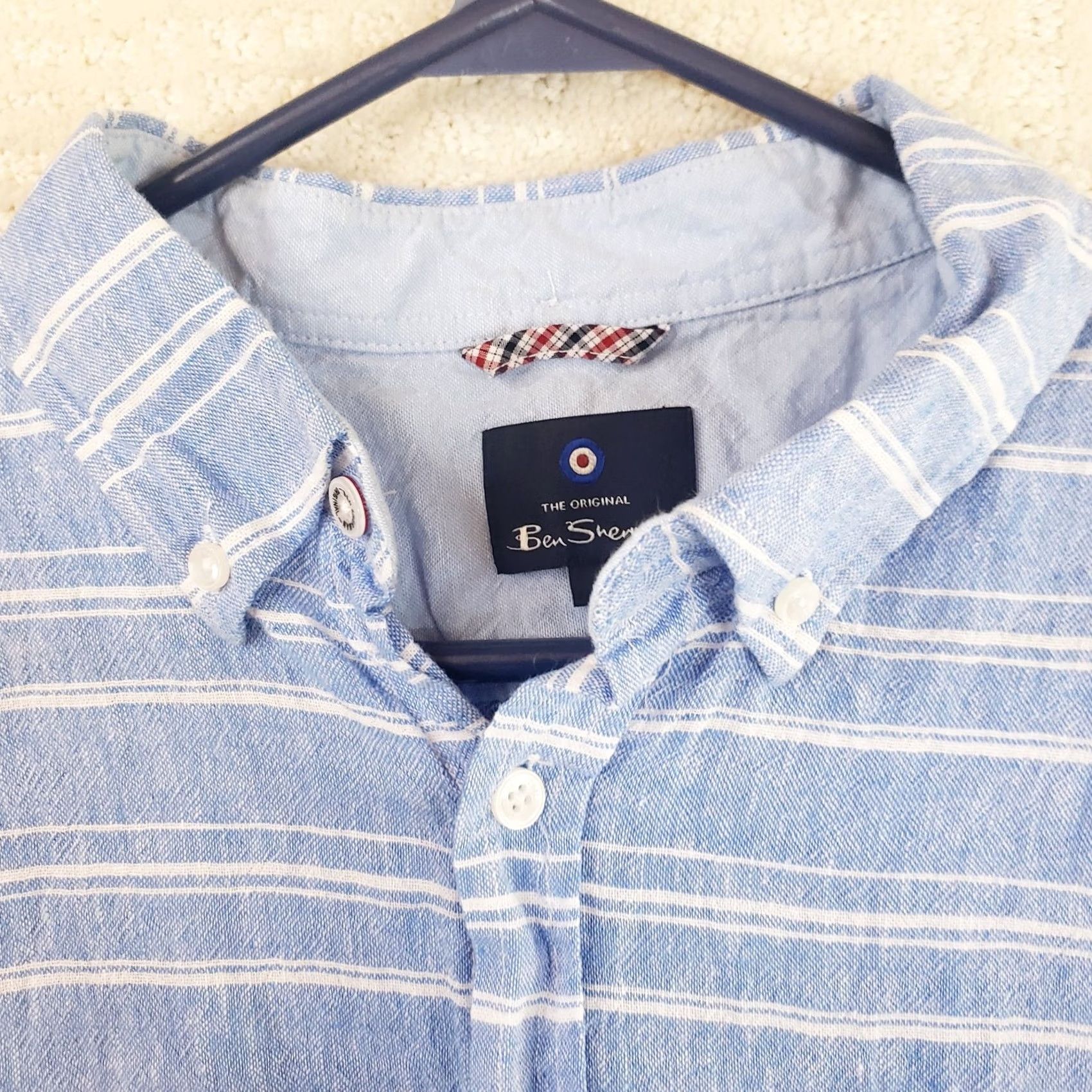 Ben Sherman Ben Sherman Mens L Blue Stripe Linen Blend Shirt Short Sleeve Collared Button-Up Casual Size US L / EU 52-54 / 3 - 5 Thumbnail
