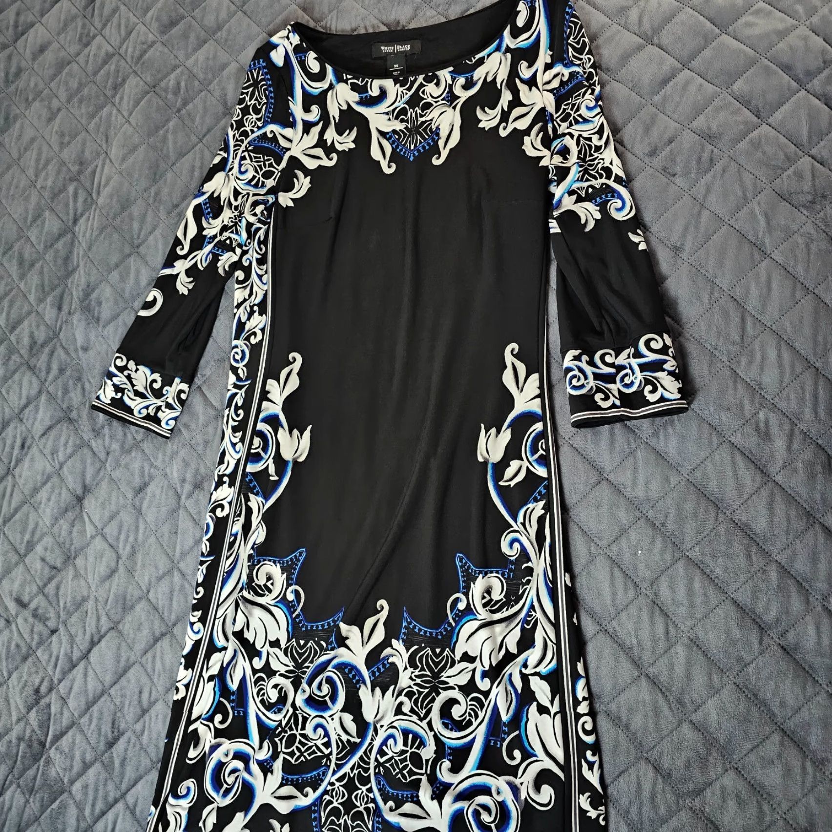 White House Black Market WHBM Women's Dress XS Black Floral Career Mini Sheath Long Sleeve Boat Neck Size XS / US 0-2 / IT 36-38 - 7 Thumbnail