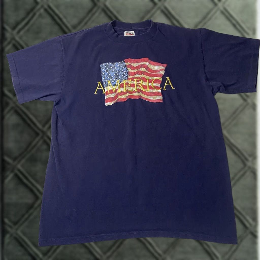 Anvil VTG Anvil USA Flag T-Shirt Men’s Embroidered Spell Out Single Stitch L Blue 1990s Sportswear/Beach Size US L / EU 52-54 / 3 - 1 Thumbnail