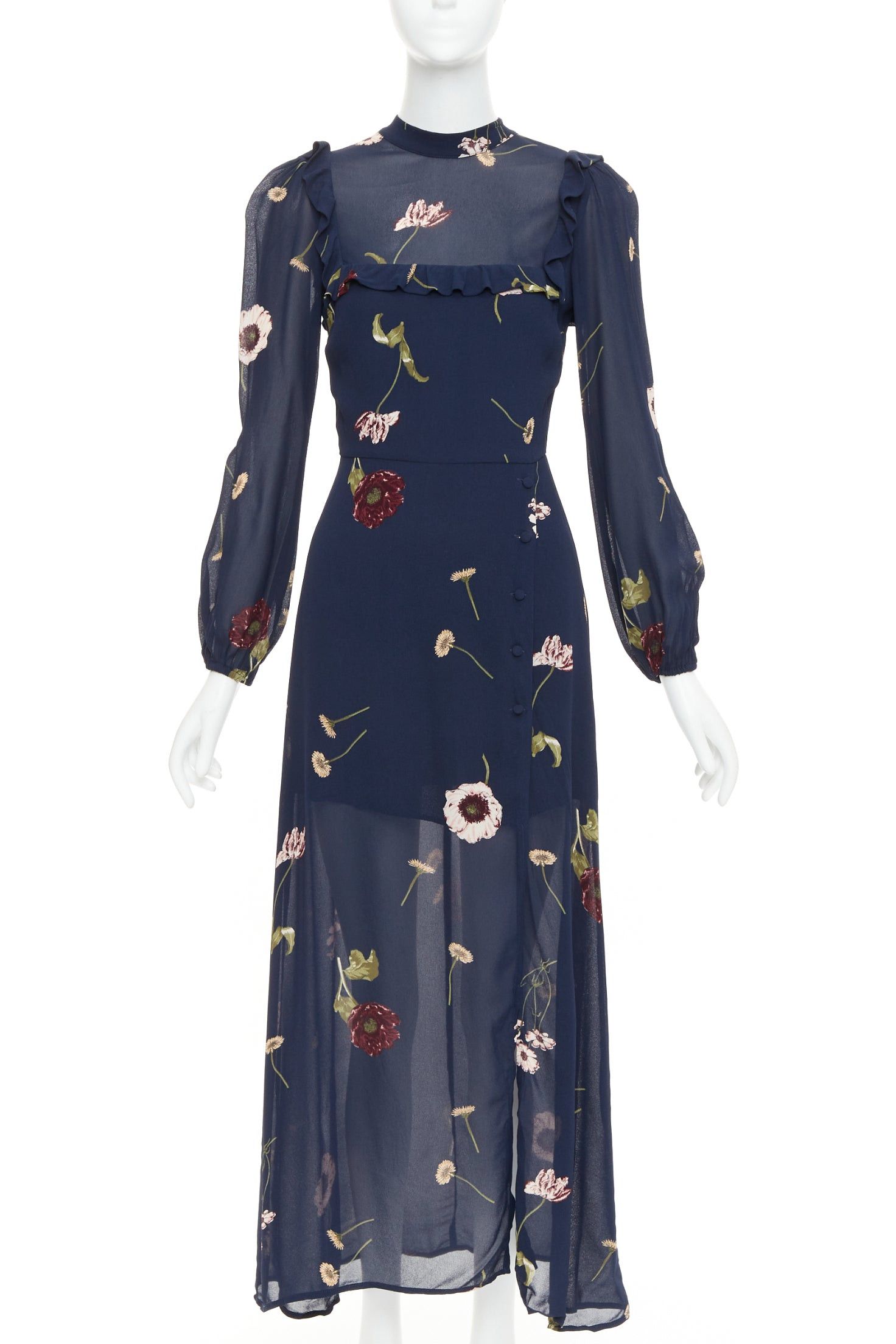 Reformation REFORMATION Gillian navy viscose floral print hi neck peasant dress US2 S Size S / US 4 / IT 40 - 1 Thumbnail