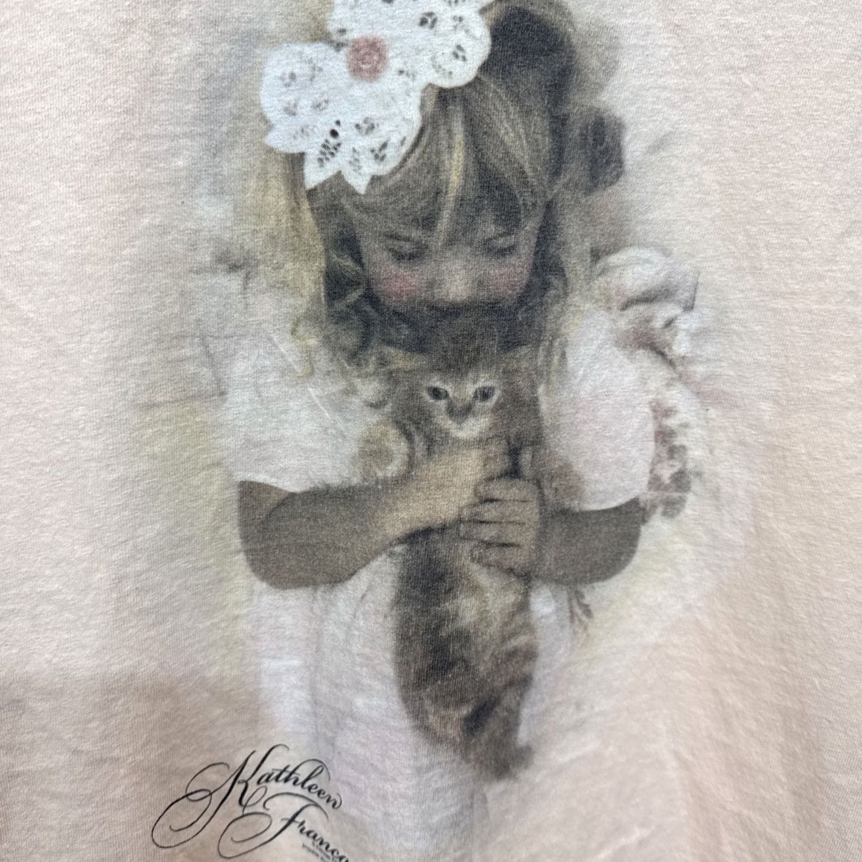 Anvil VINTAGE Kathleen Francour T Shirt Art Tee Women's XL Kitten Girl Peach Cat Flower Graphic Print Anvil Daisy Size XL / US 12-14 / IT 48-50 - 2 Thumbnail