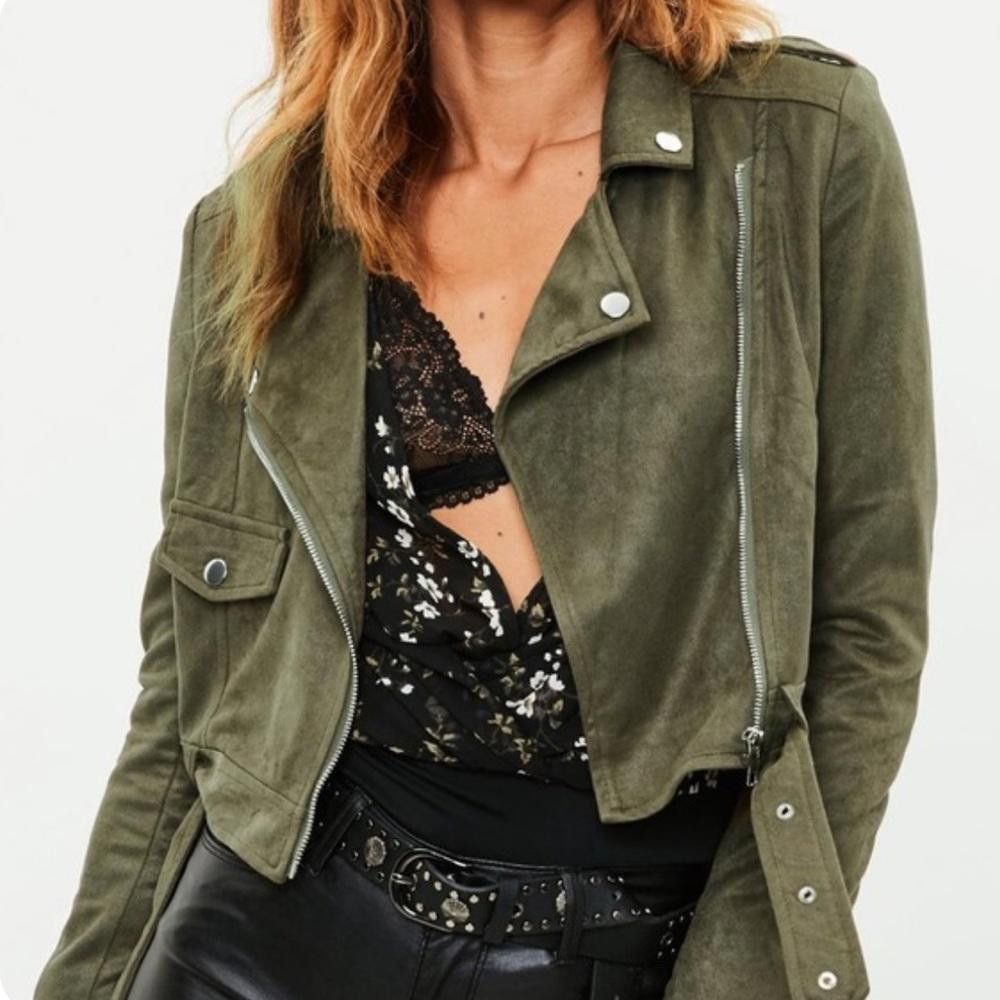 Designer Missguided l Faux Suede Olive Green Moto Jacket Size 2 Size XS / US 0-2 / IT 36-38 - 10 Thumbnail