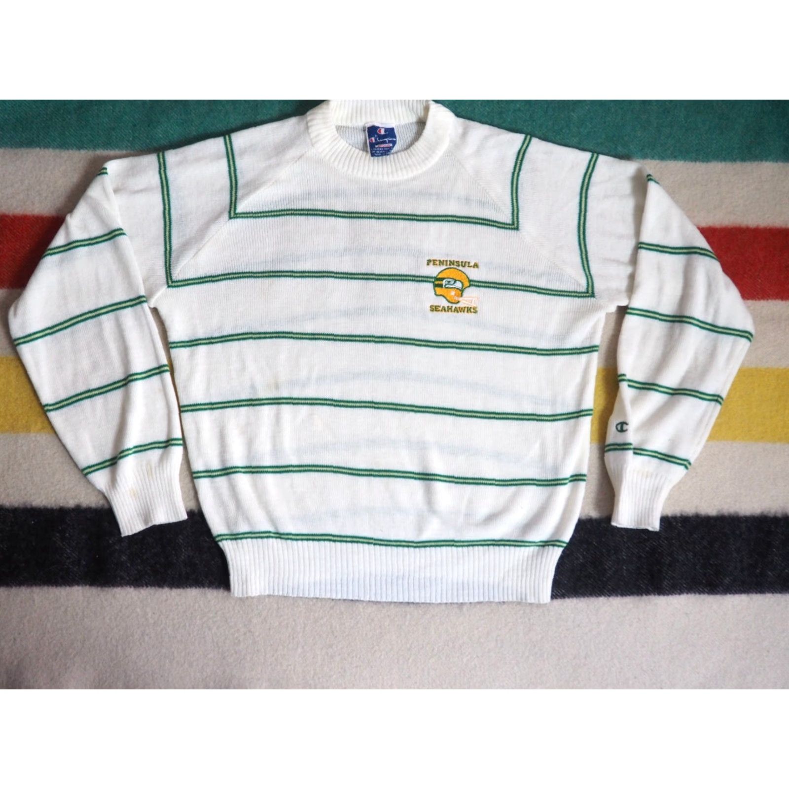 Champion VTG 90s Champion Seahawks NFL Peninsula PNW Cream Green Striped Sweater Mens M Size US M / EU 48-50 / 2 - 2 Thumbnail