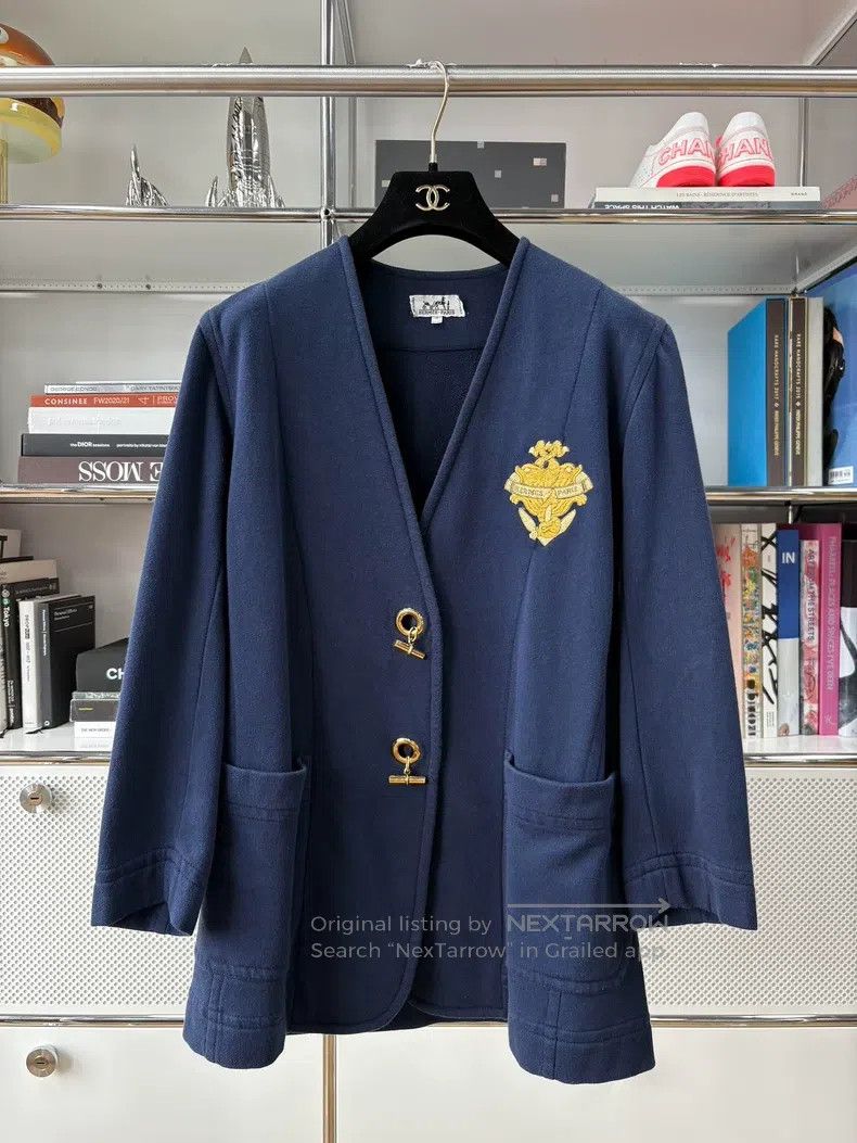 Hermes Hermes Vintage navy blue V-neck embroidered badge college Size S / US 4 / IT 40 - 1 Thumbnail