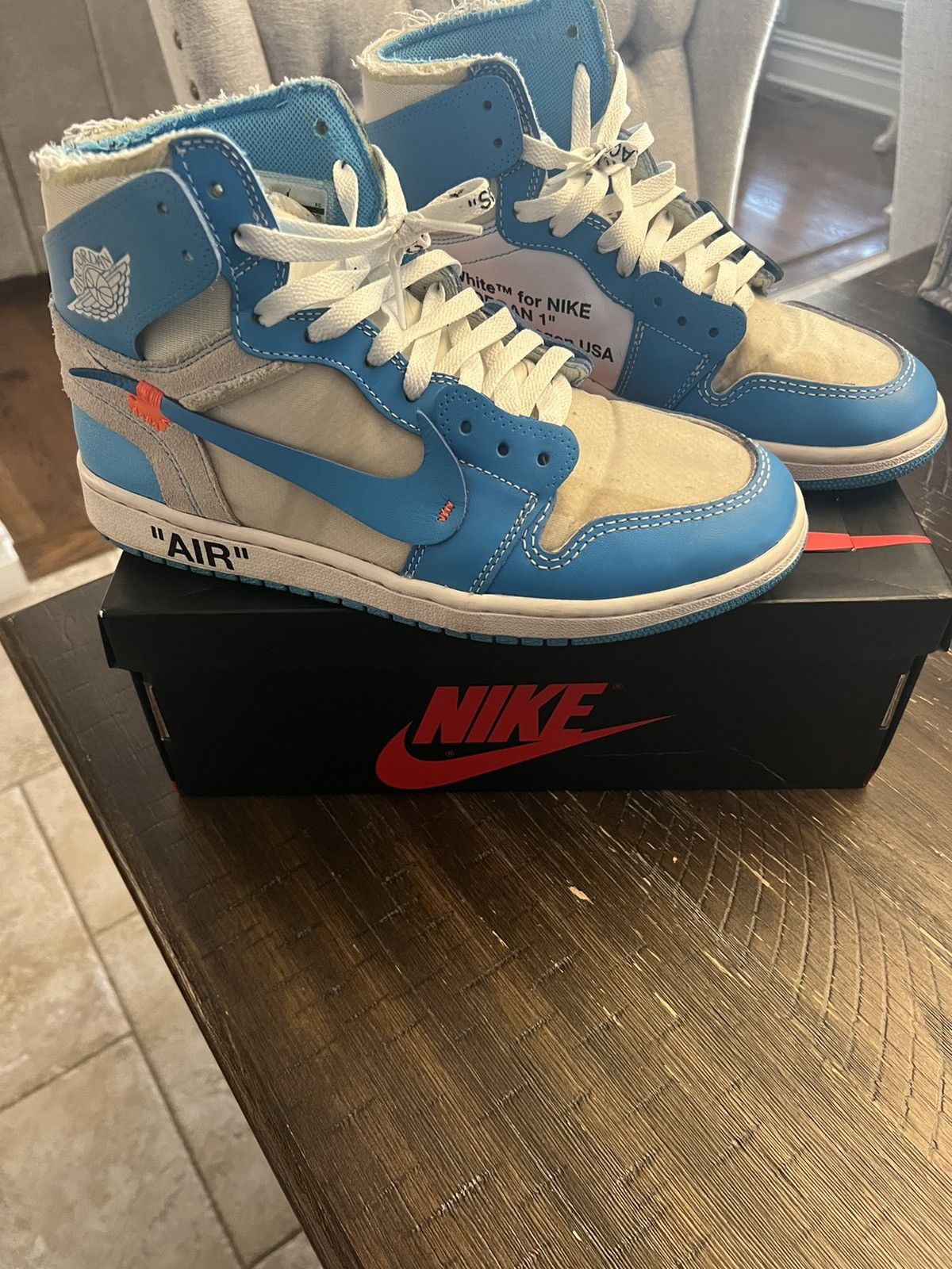 image of Nike Air Jordan 1 Unc Virgil Abloh Shoes in Baby Blue, Men's (Size 9)