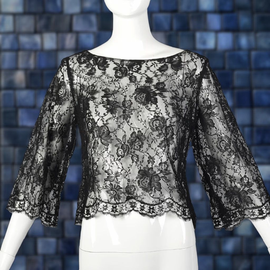VINTAGE Blouse Shirt Small Deadstock 1960s Floral Lace Black Bell Sleeve 3/4 Sleeve Adult Womens